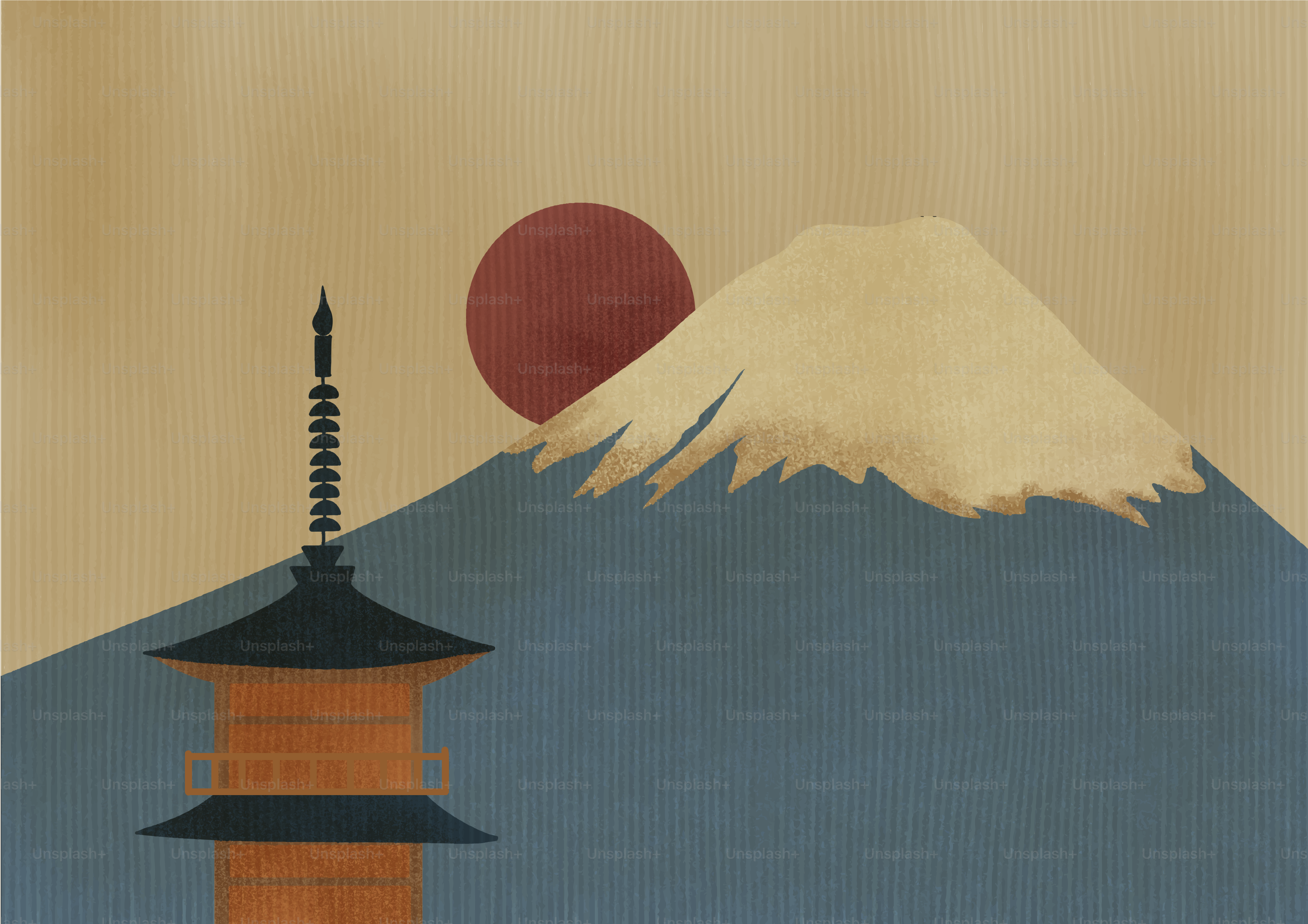 Mount fuji with pagoda and sun