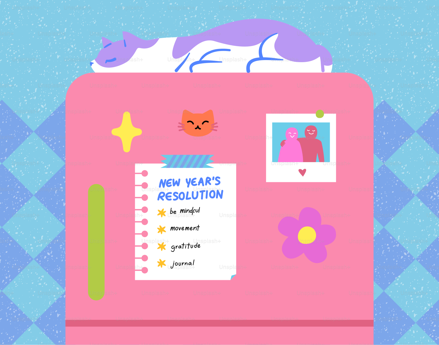 A cat sleeps on top of a pink refrigerator.