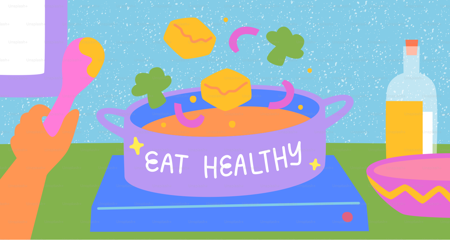 Pot with "eat healthy" text cooking vegetables