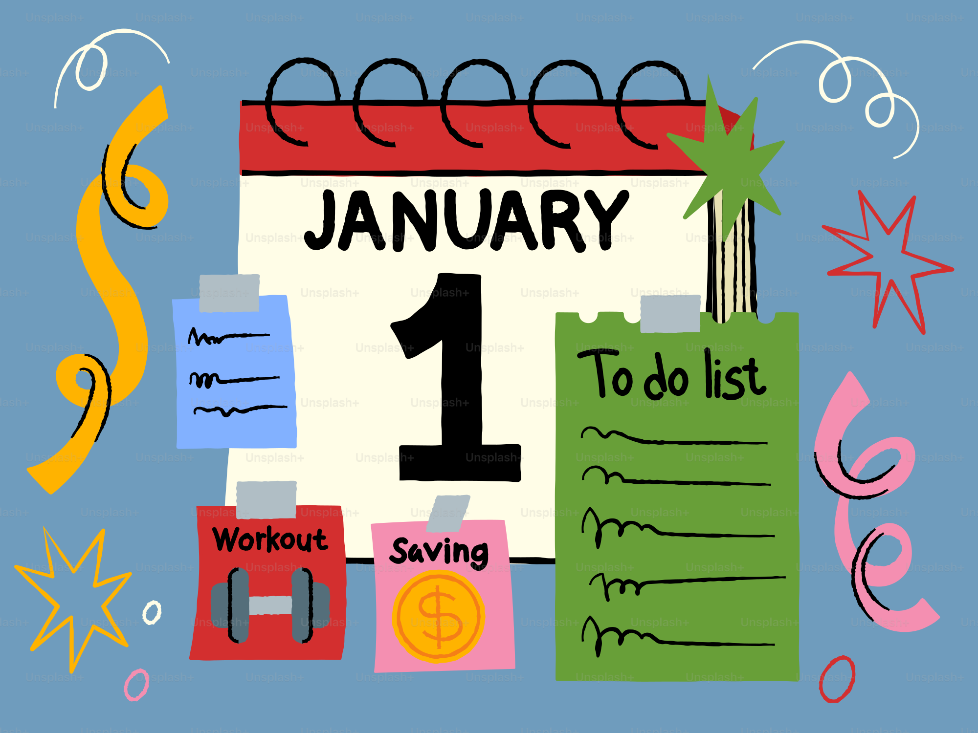 Calendario del 1 de enero con la lista de tareas y guardar ejercicios.