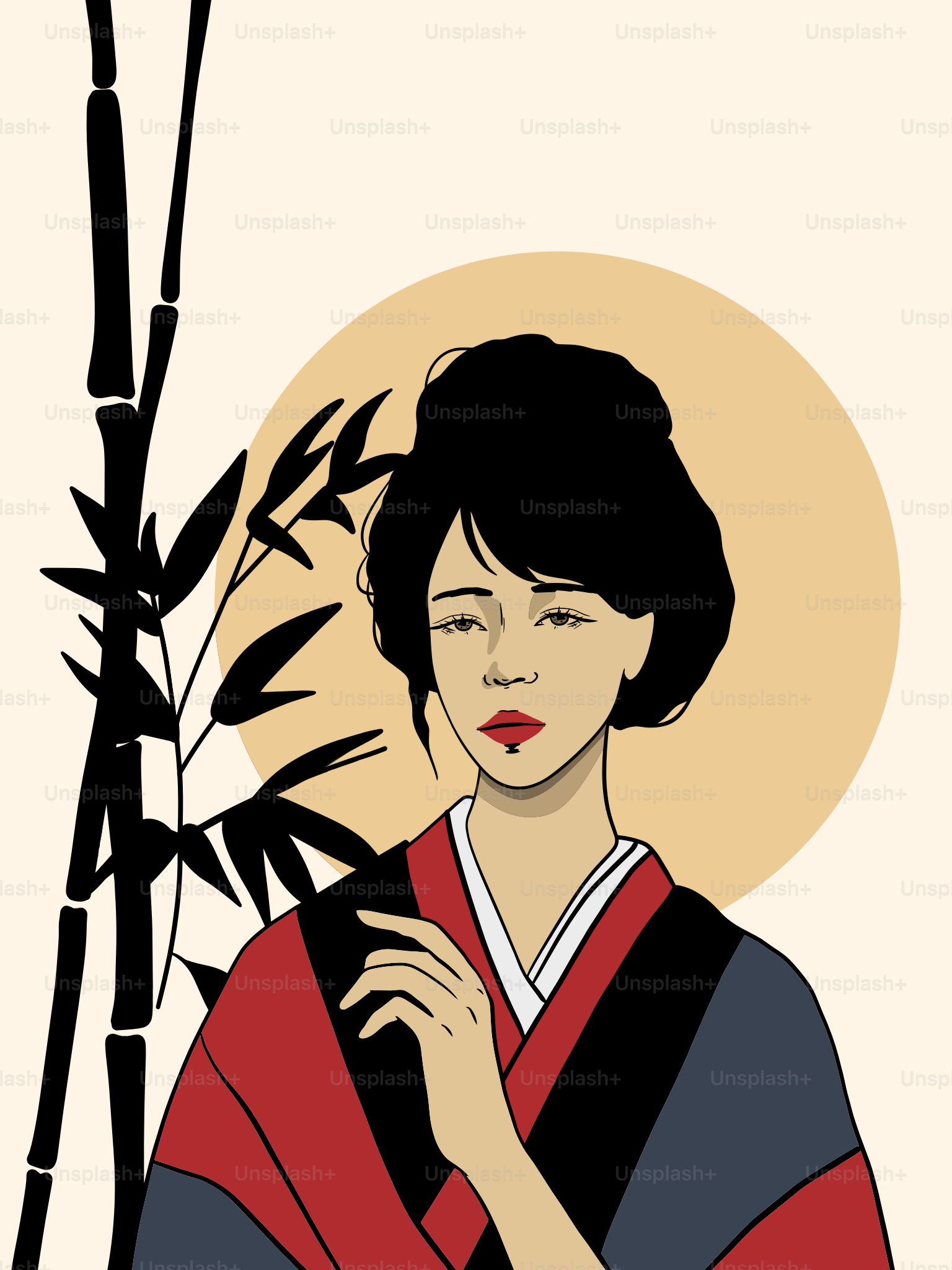 Woman in kimono with bamboo and sun