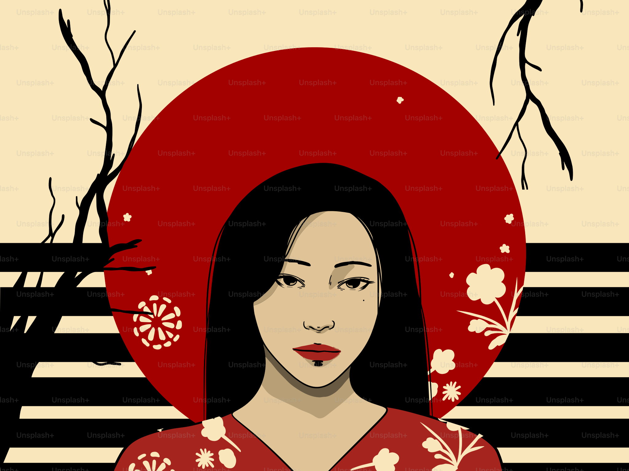 Woman with dark hair and red lips, stylized japanese art.