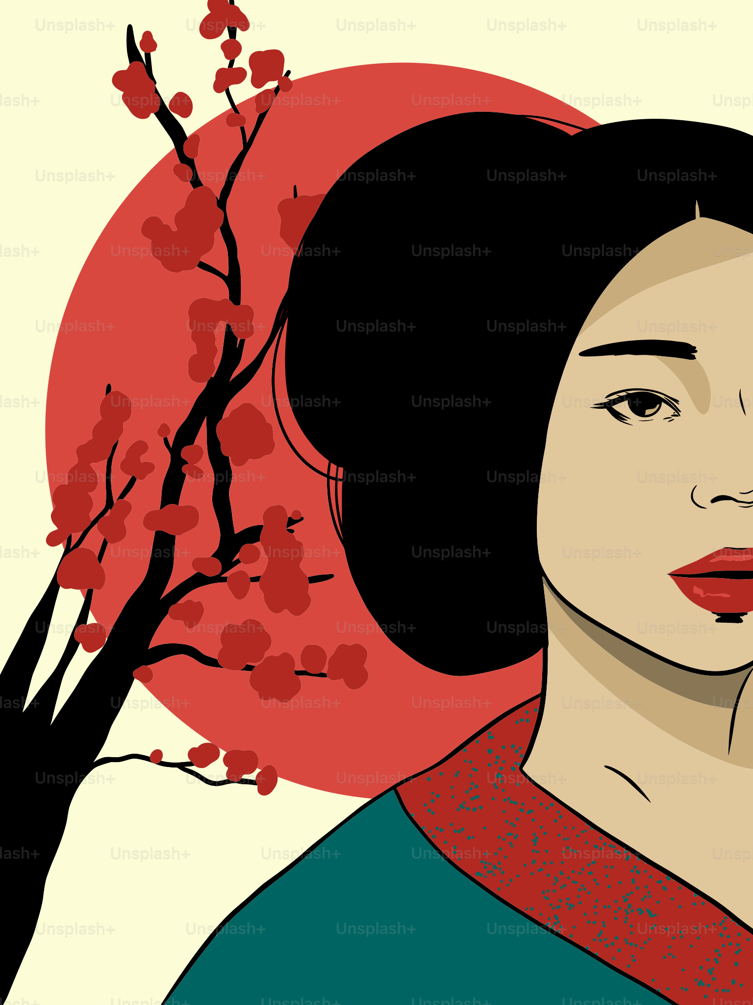 Mujer con peinado tradicional japonés y sol rojo