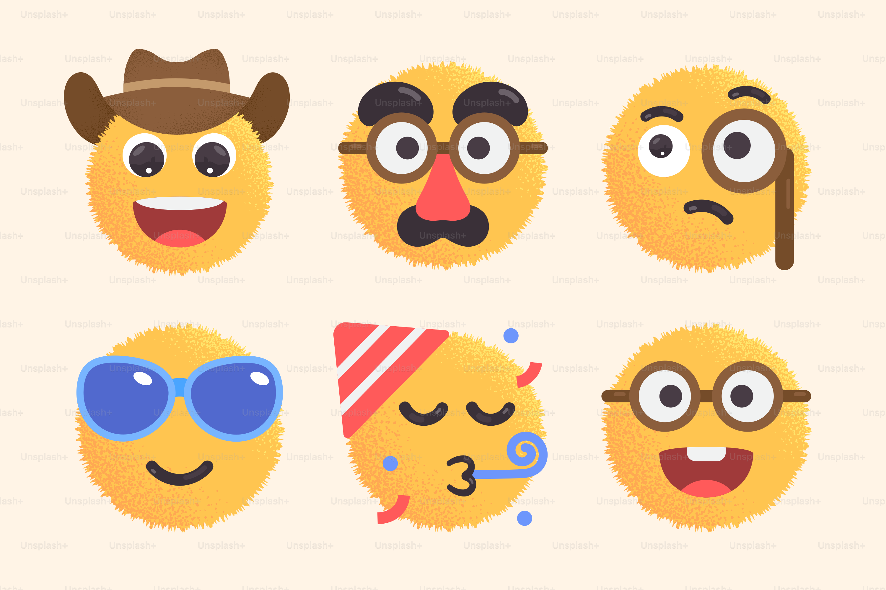 Six fluffy emoji faces with different accessories.