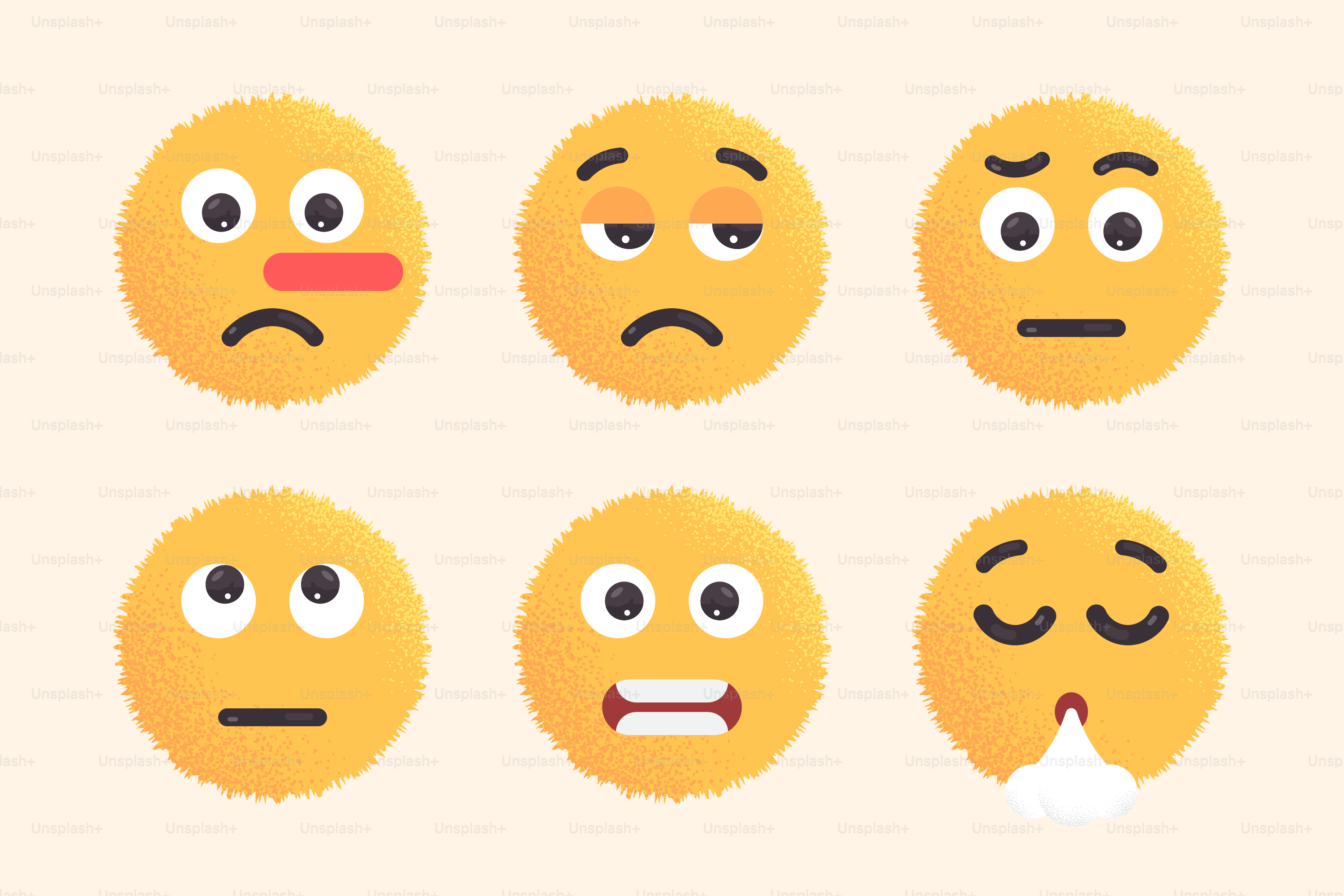 ふわふわの黄色い絵文字が6つ、さまざまな表情を浮かべている