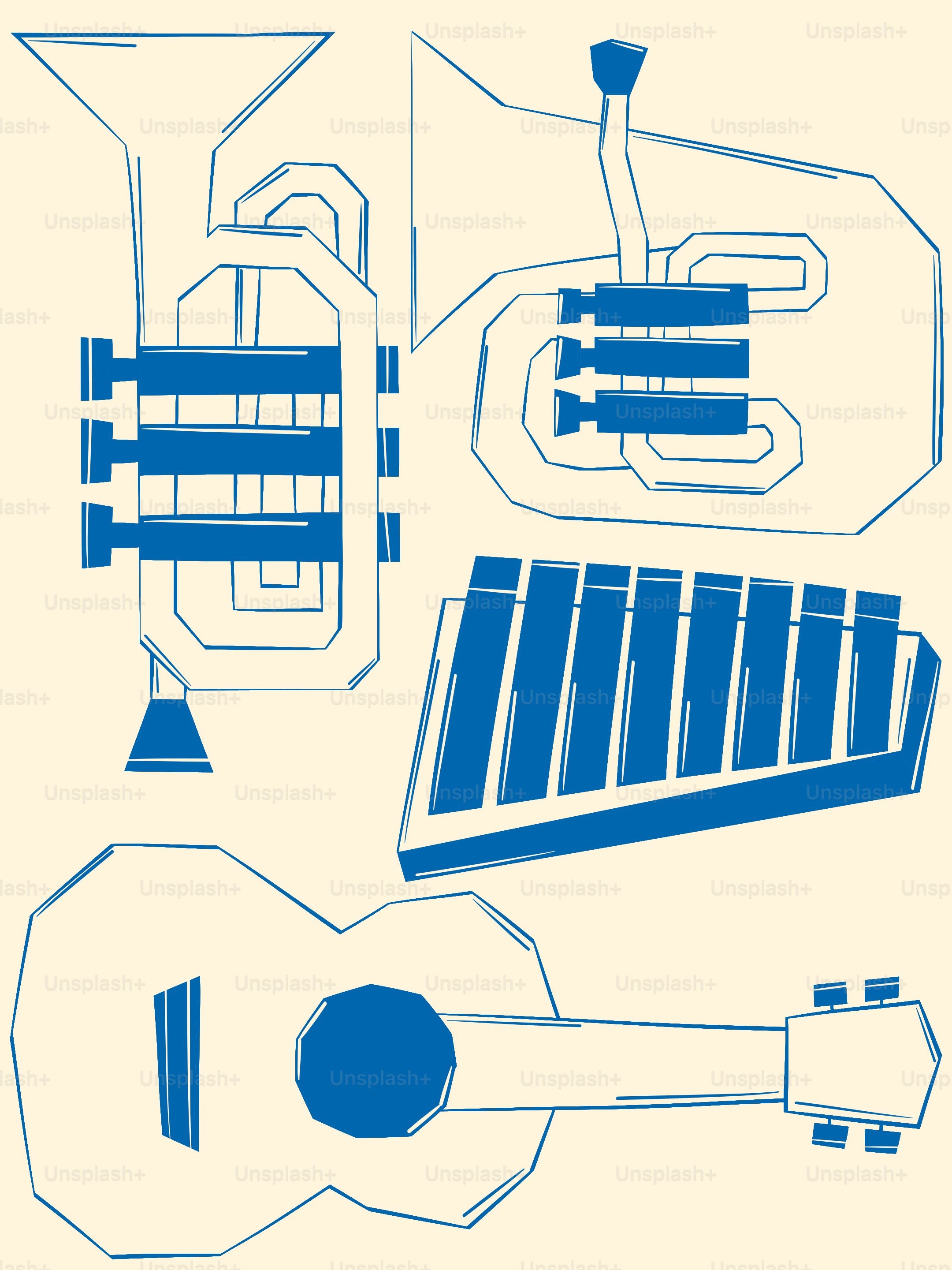 Blue outline of musical instruments on a cream background vector ...