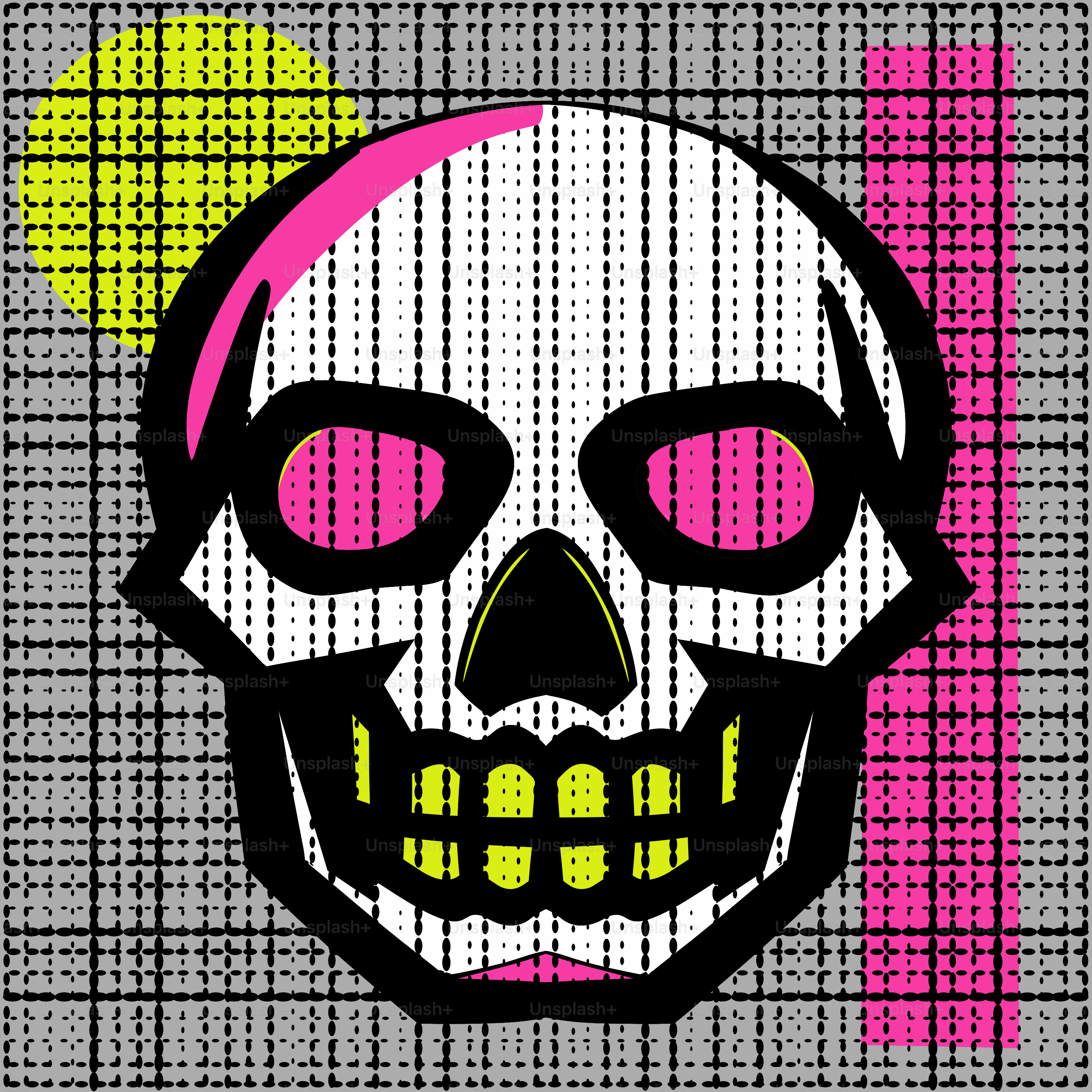 Stylized skull with neon accents on grid background