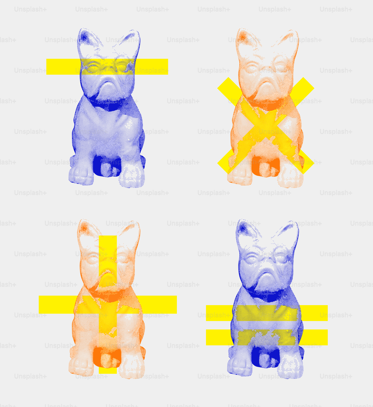 Four abstract dog sculptures with yellow markings