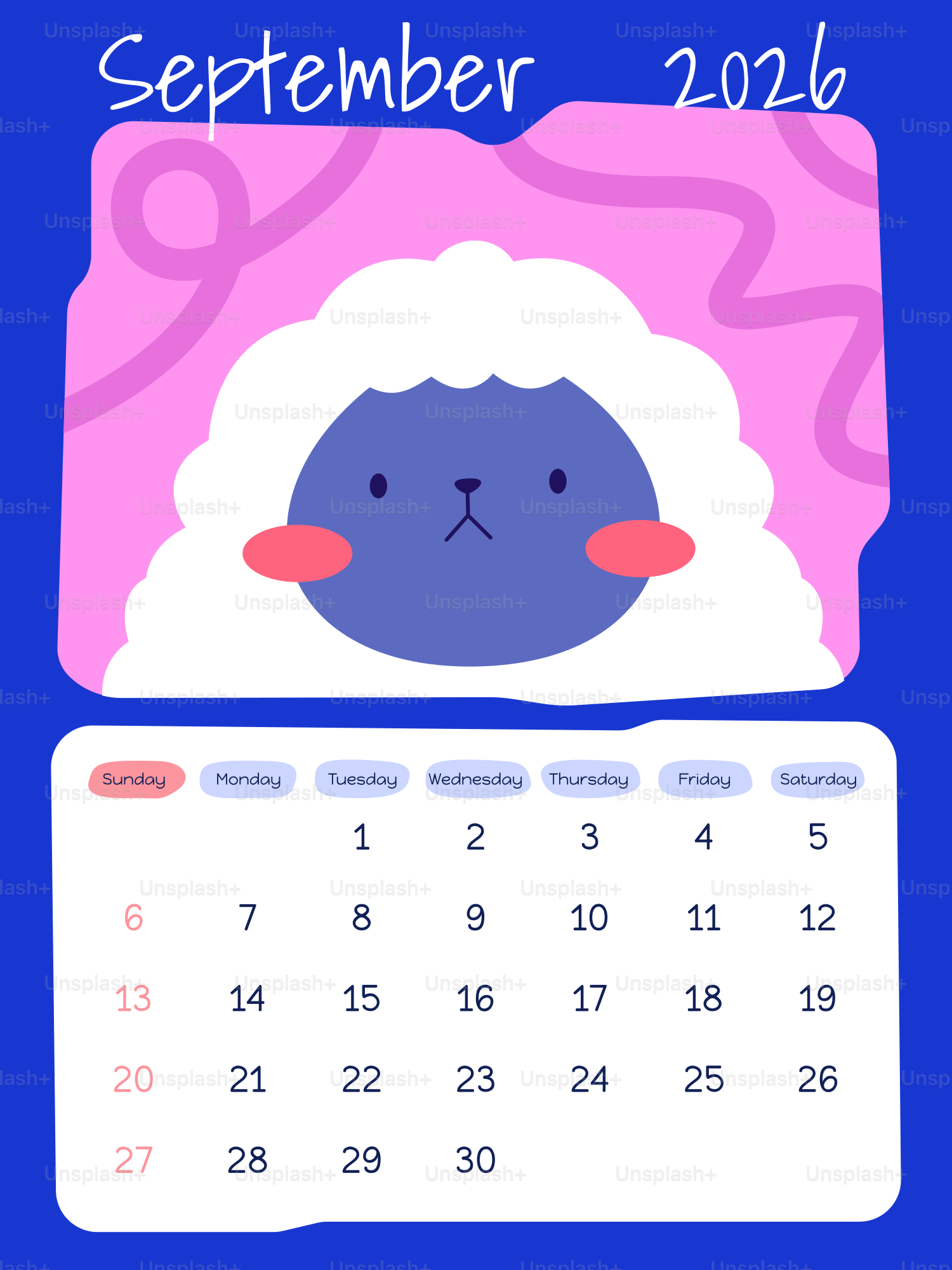 September 2026 calendar with cute sheep illustration vector – Animal ...