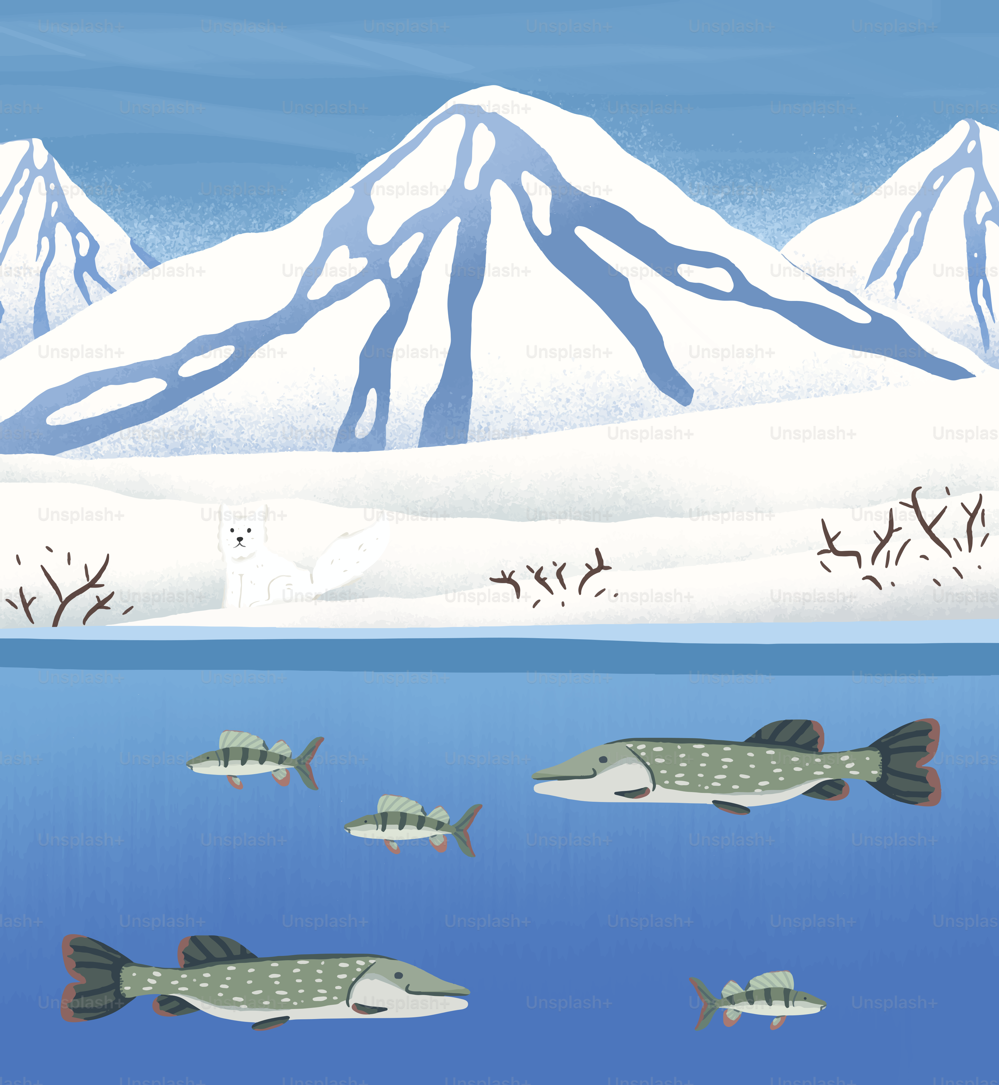 Fish swim in blue water below snowy mountains.