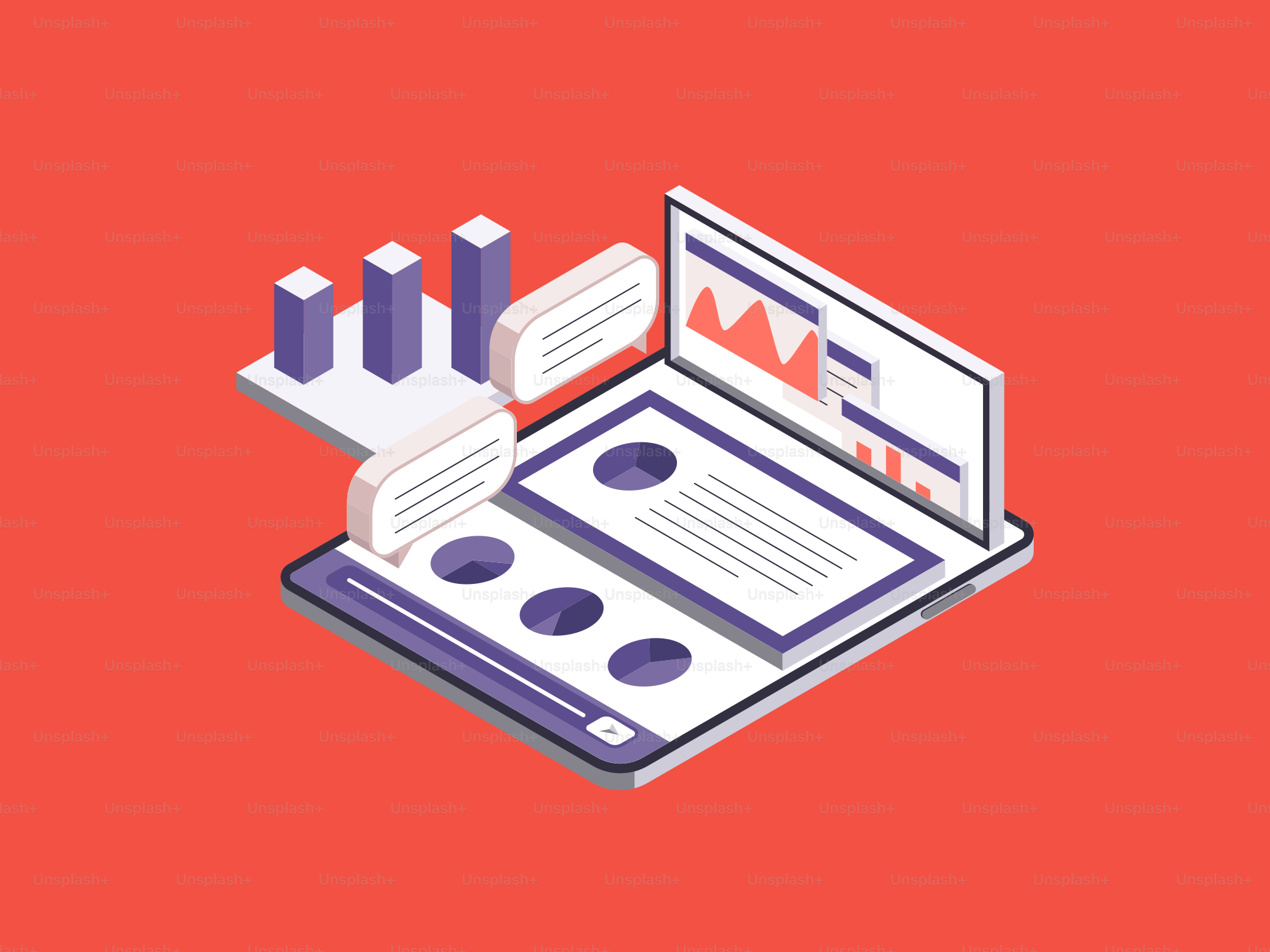 Isometric view of digital analytics and data visualization vector ...