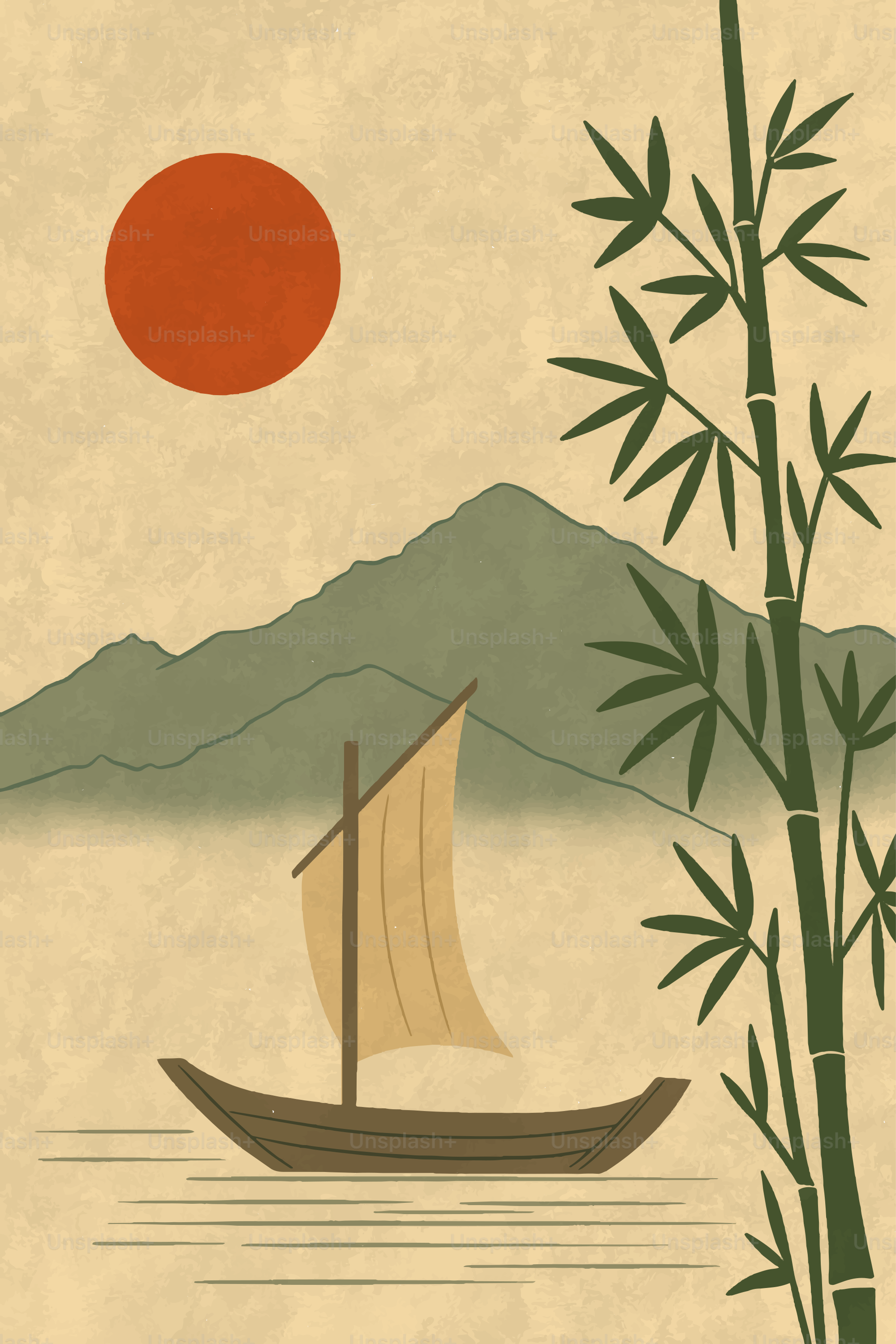 Um barco tradicional navega próximo a bambu e montanhas.