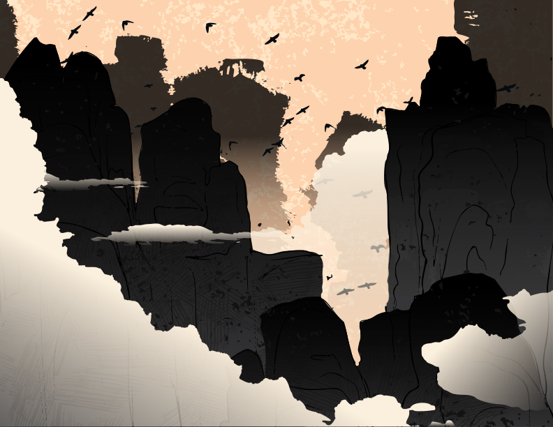 Abstract landscape with birds flying