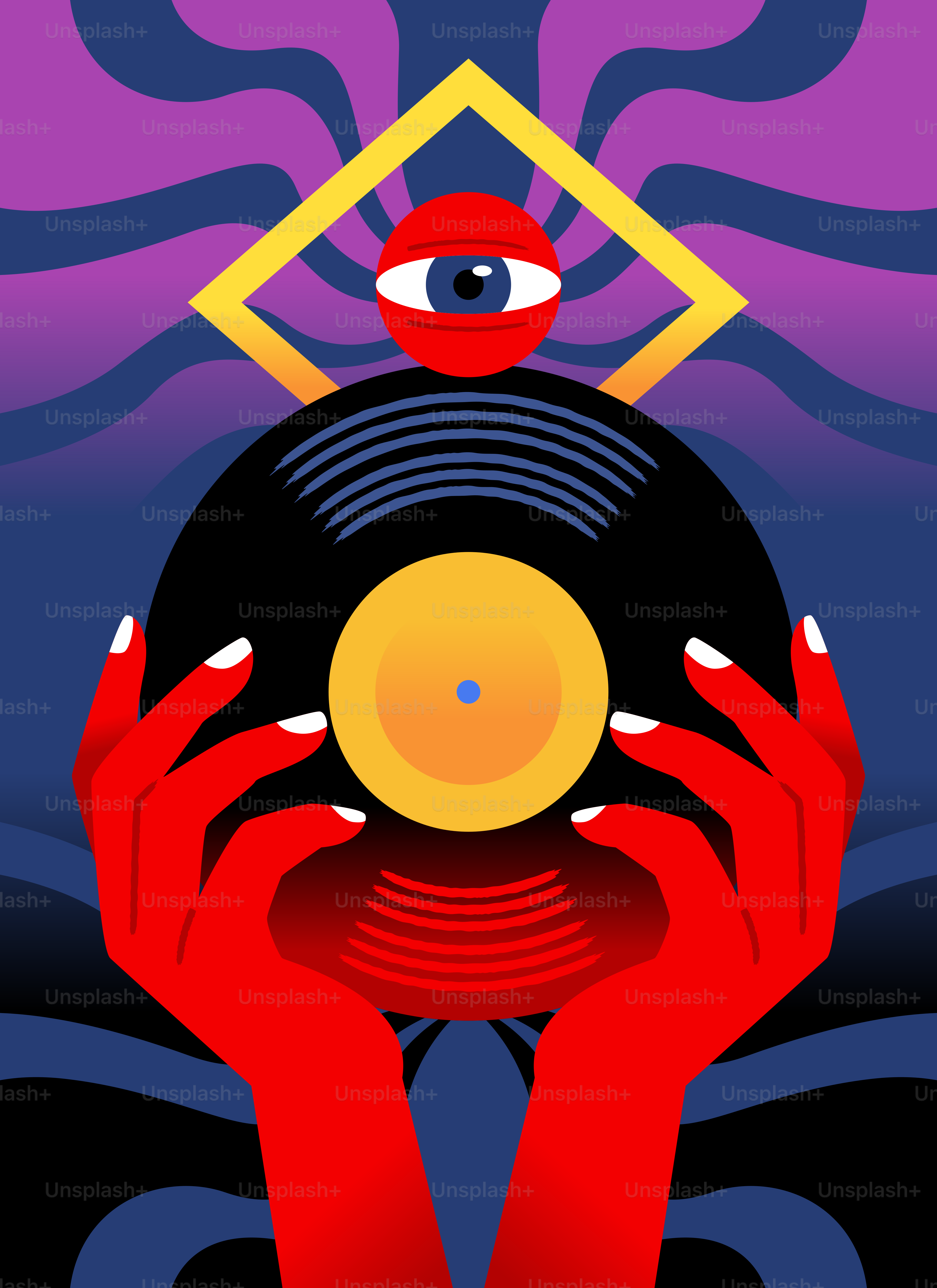 Red hands hold a vinyl record with an eye above
