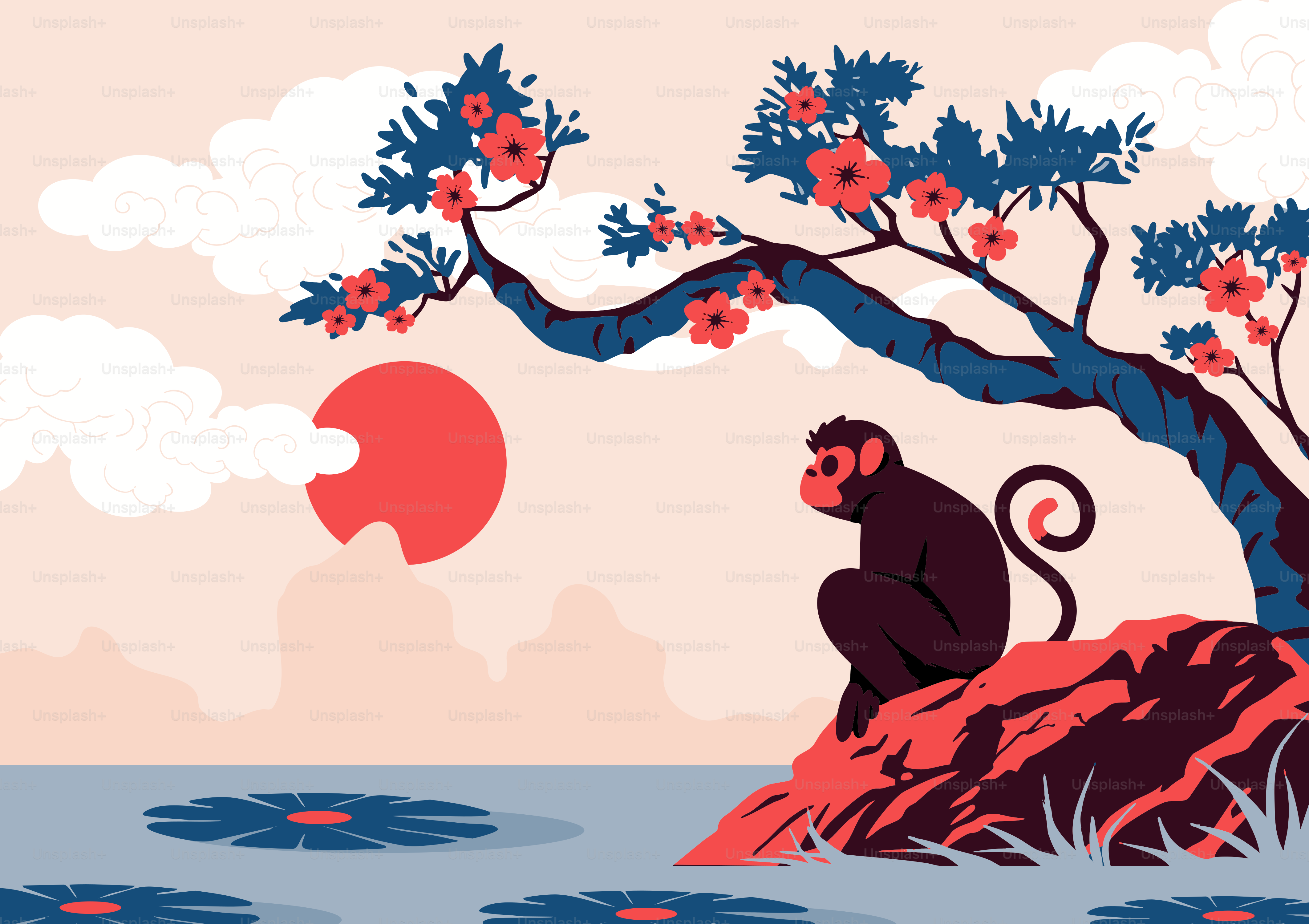 Macaco sentado em uma pedra à beira da água com uma árvore.