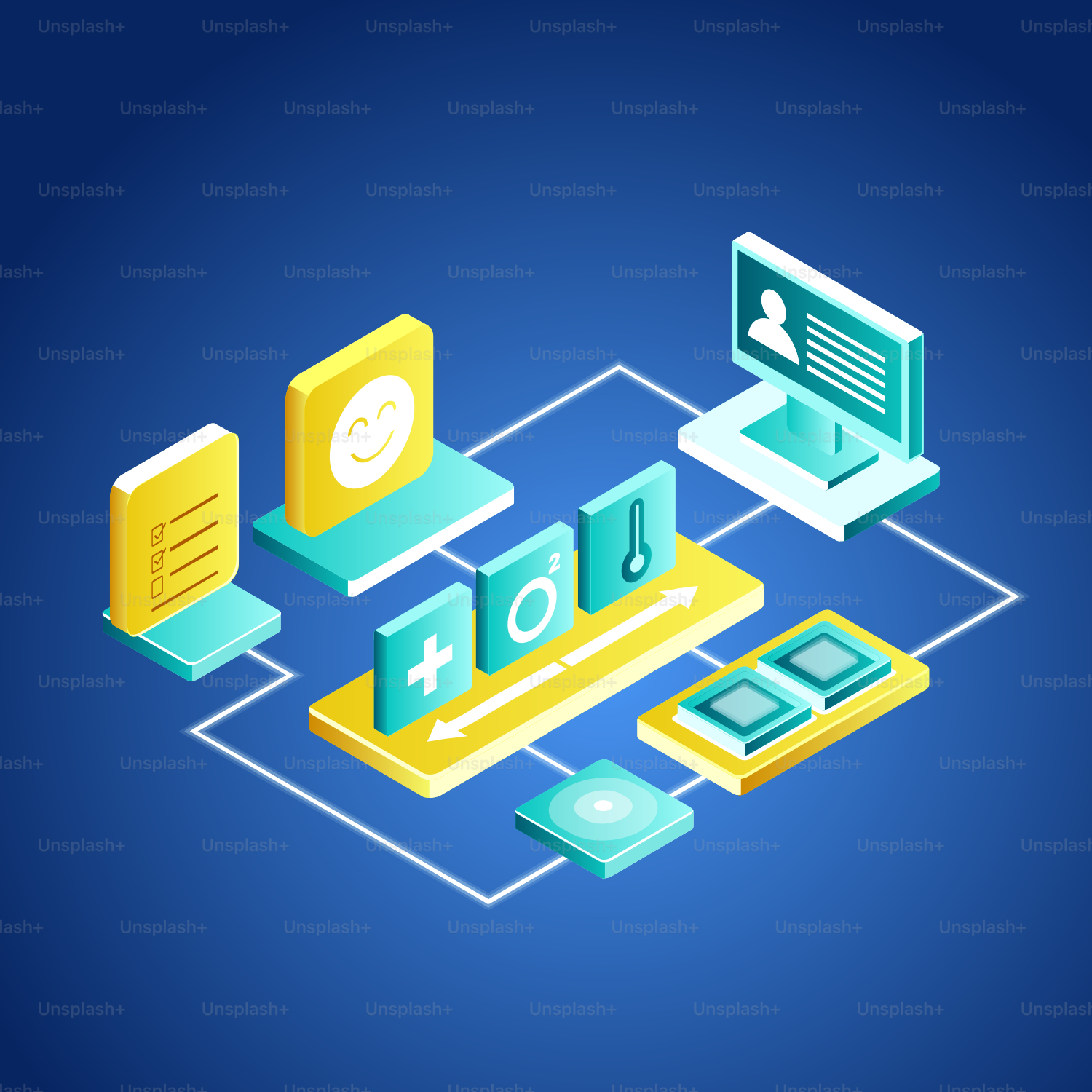 Abstract digital network with icons on blue background