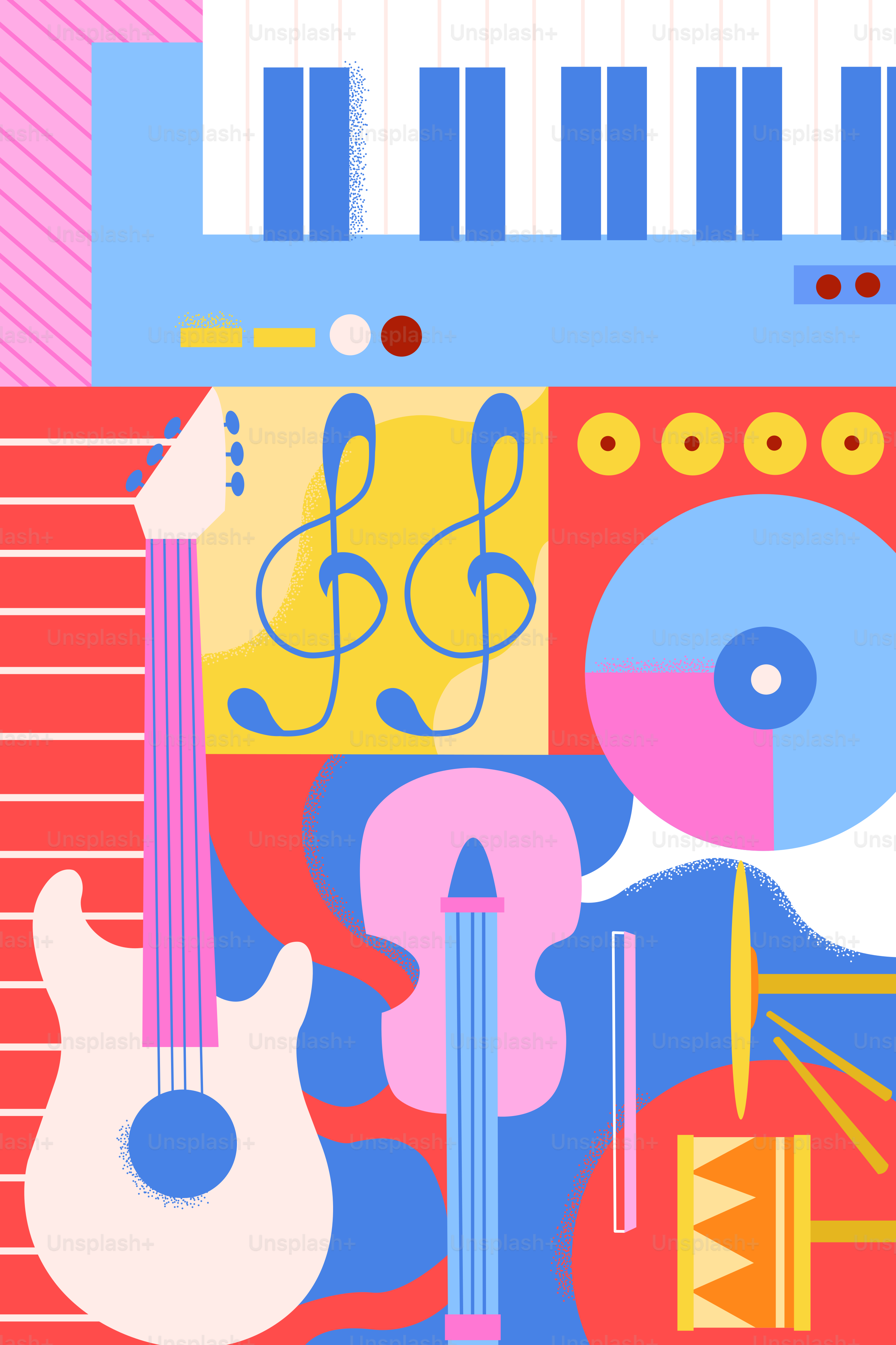 Un arrangement abstrait coloré d’instruments de musique