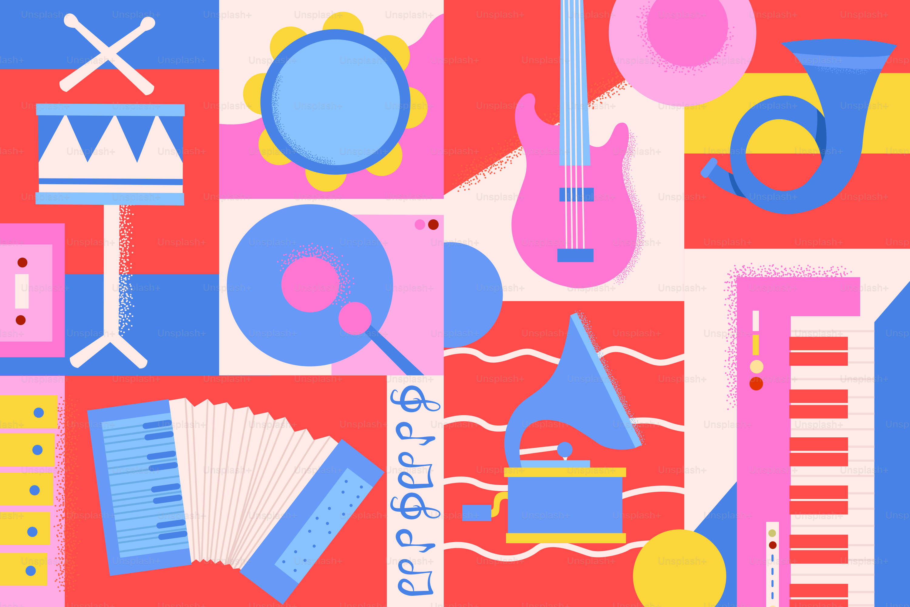 Colorful collage of various musical instruments and notes.