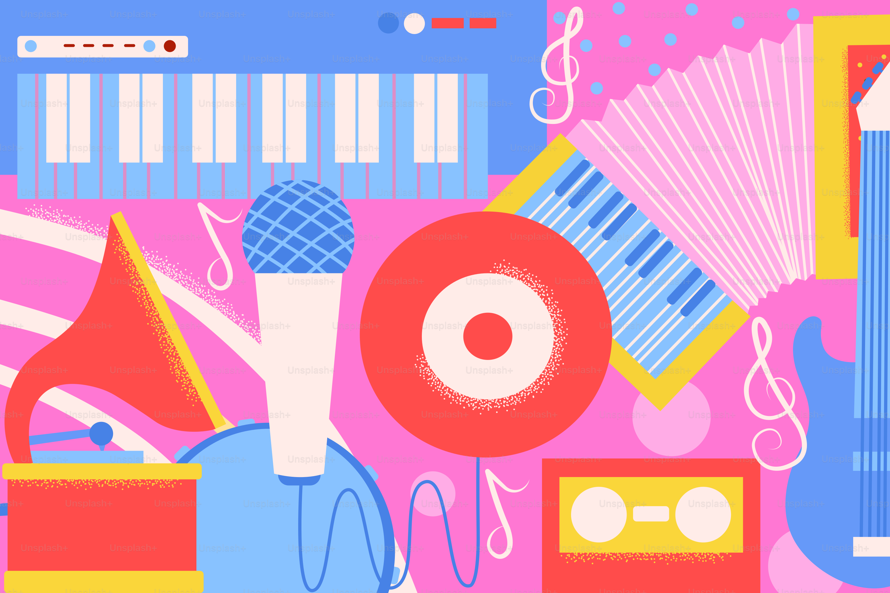 Collection of colorful musical instruments on pink background