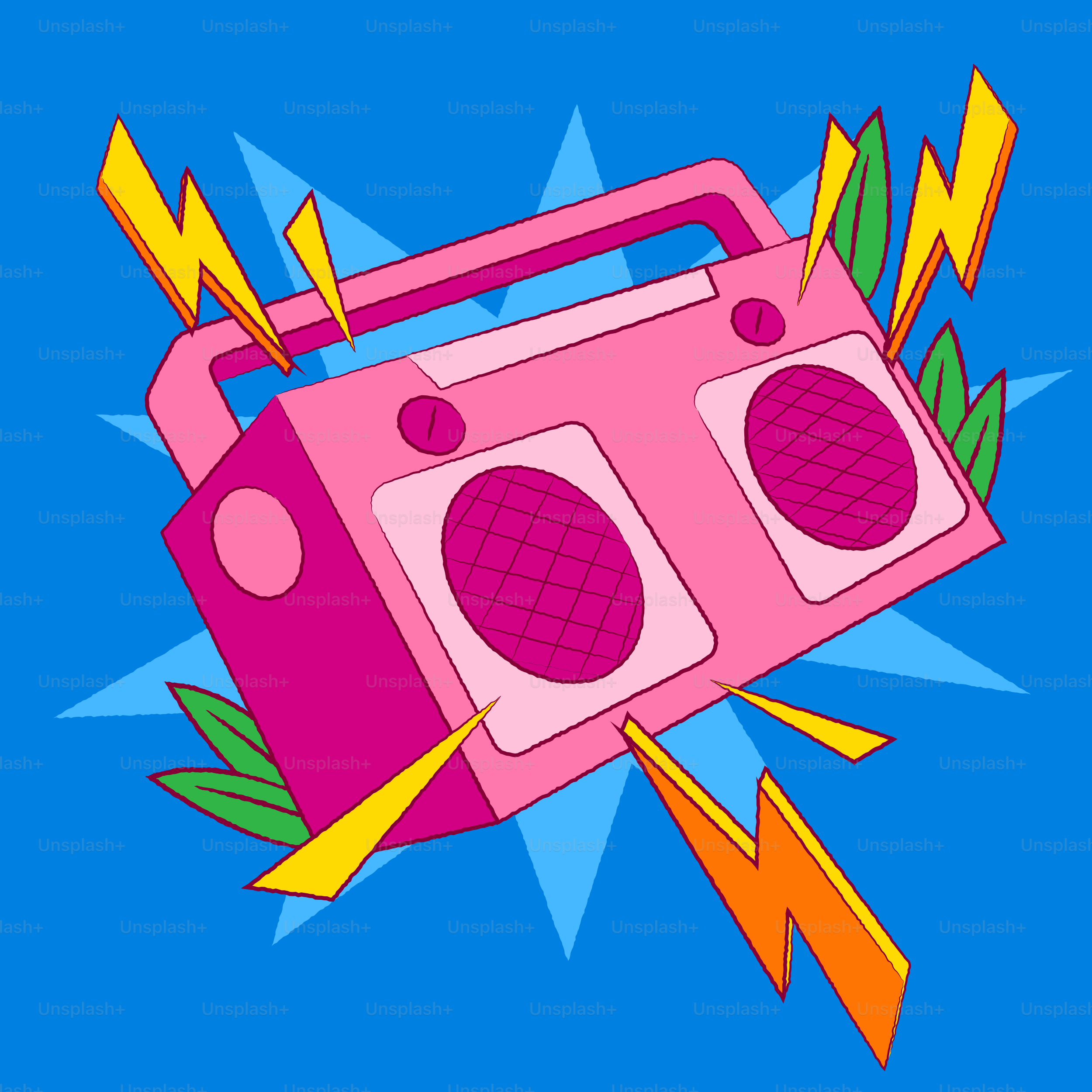Rosa Retro-Boombox mit Blitzen und Blättern