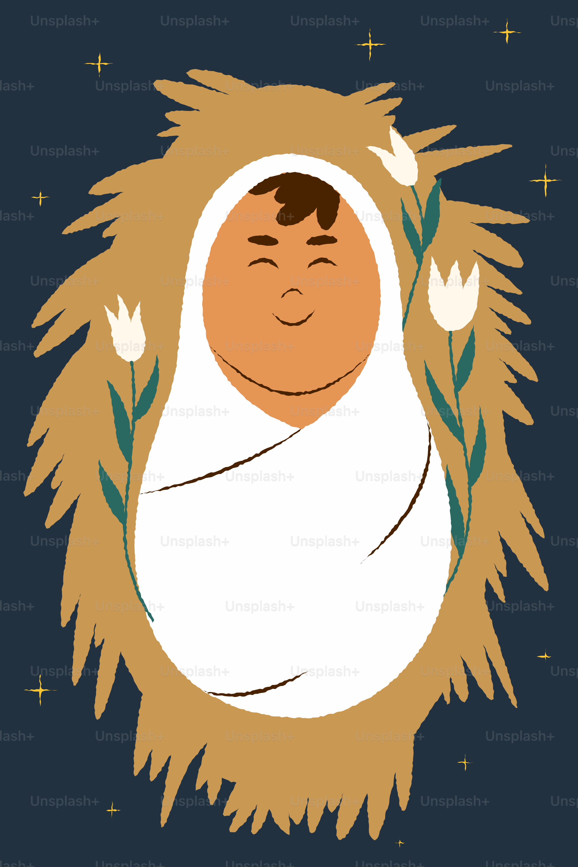 Baby jesus sleeping in a manger with flowers.