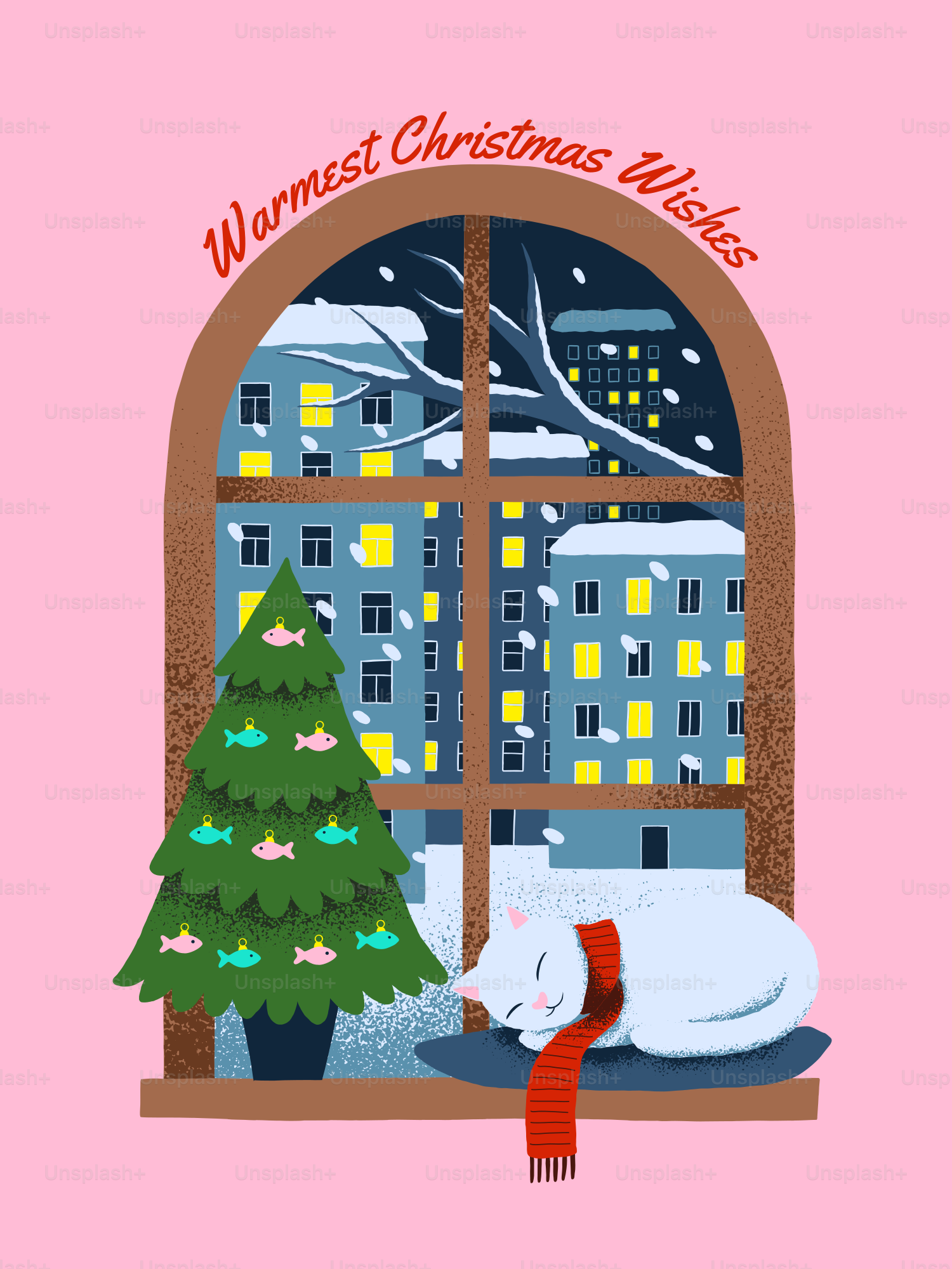 Cat sleeps by christmas tree at snowy window.