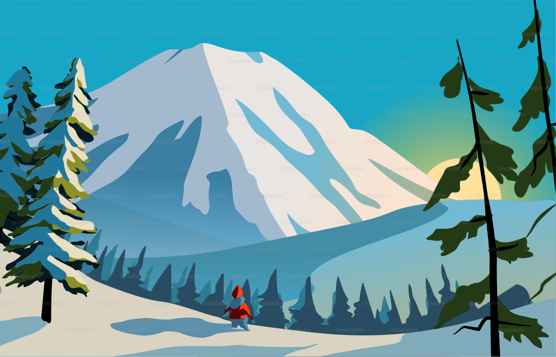 Snowy mountain landscape with pine trees and a person. vector – Winter ...