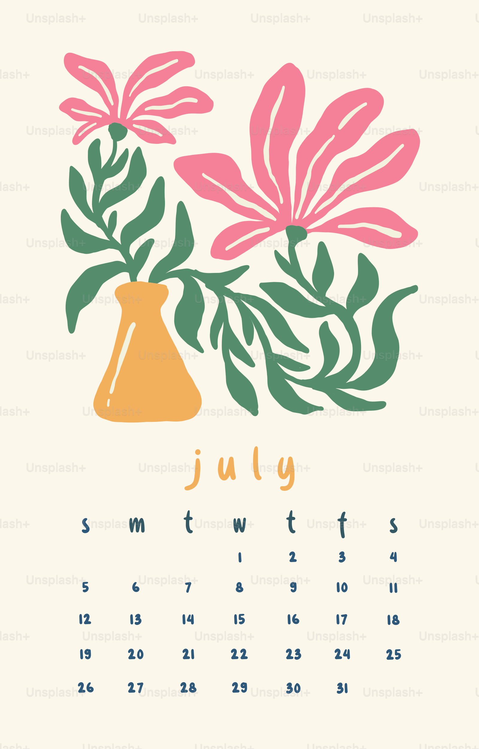 Abstract floral art with july calendar on cream background