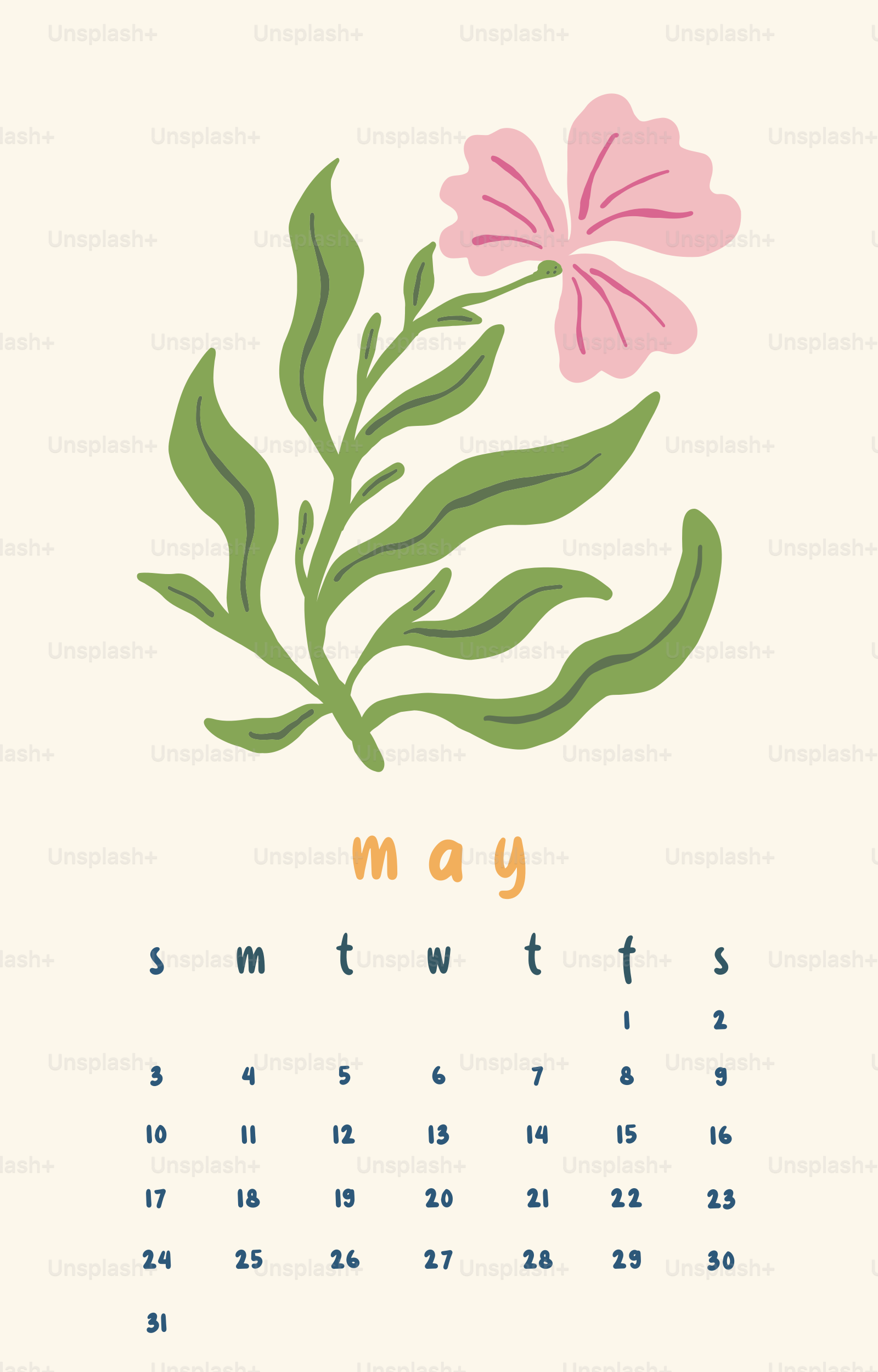 May calendar with a pink flower and green leaves.
