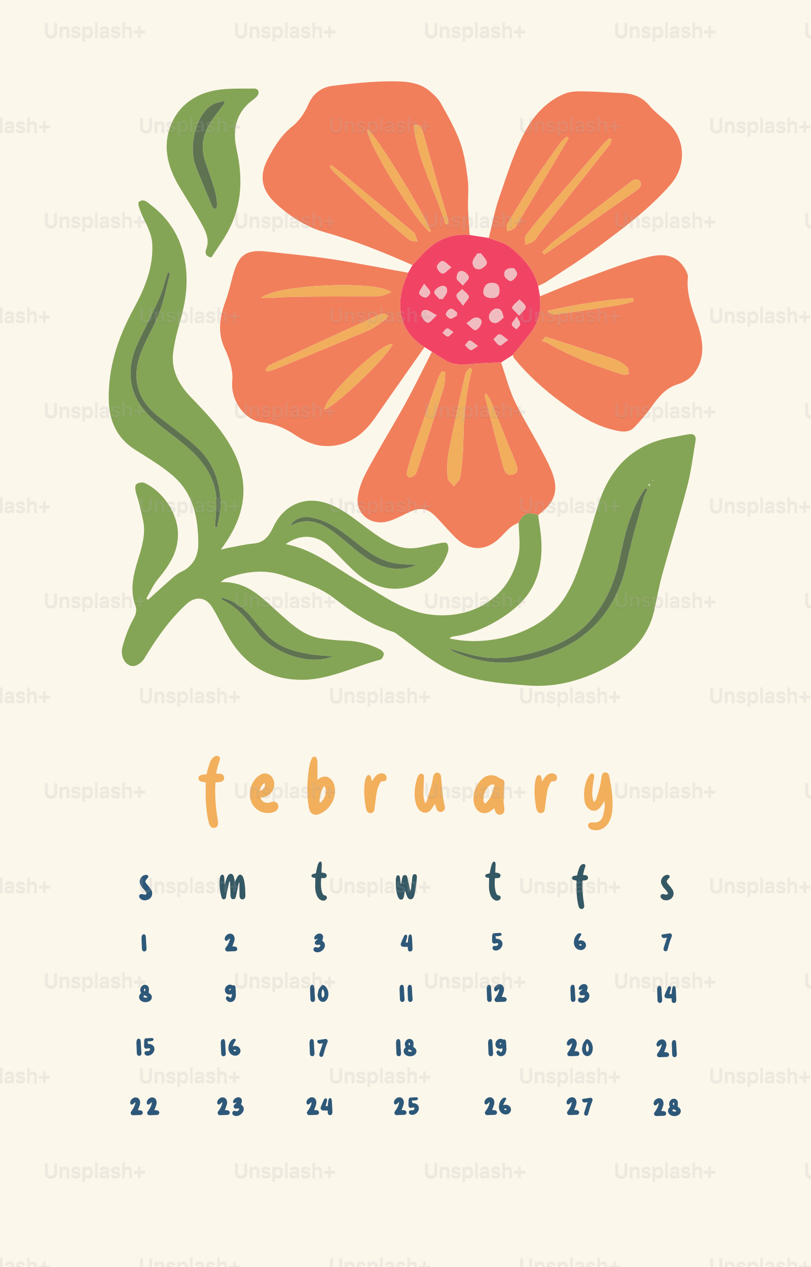 February calendar with a stylized orange flower illustration.