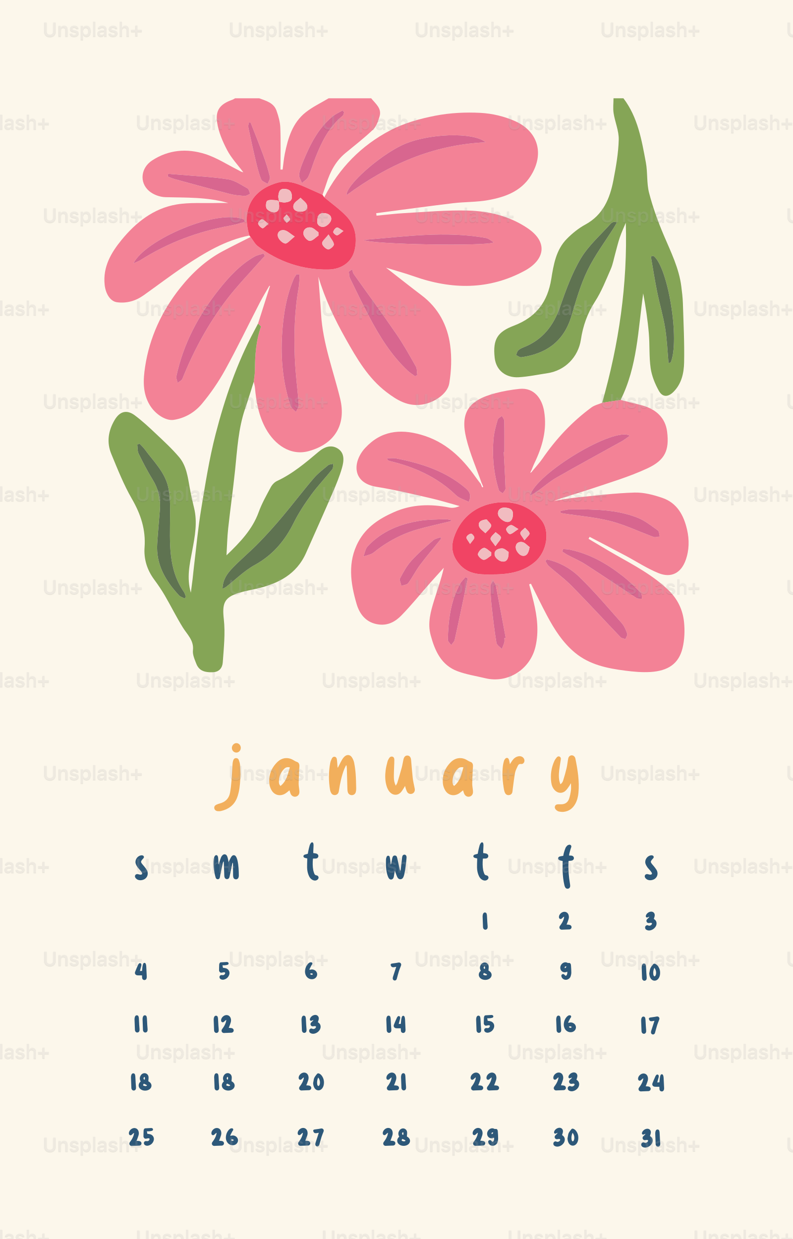 Pink flowers and the month of january calendar.
