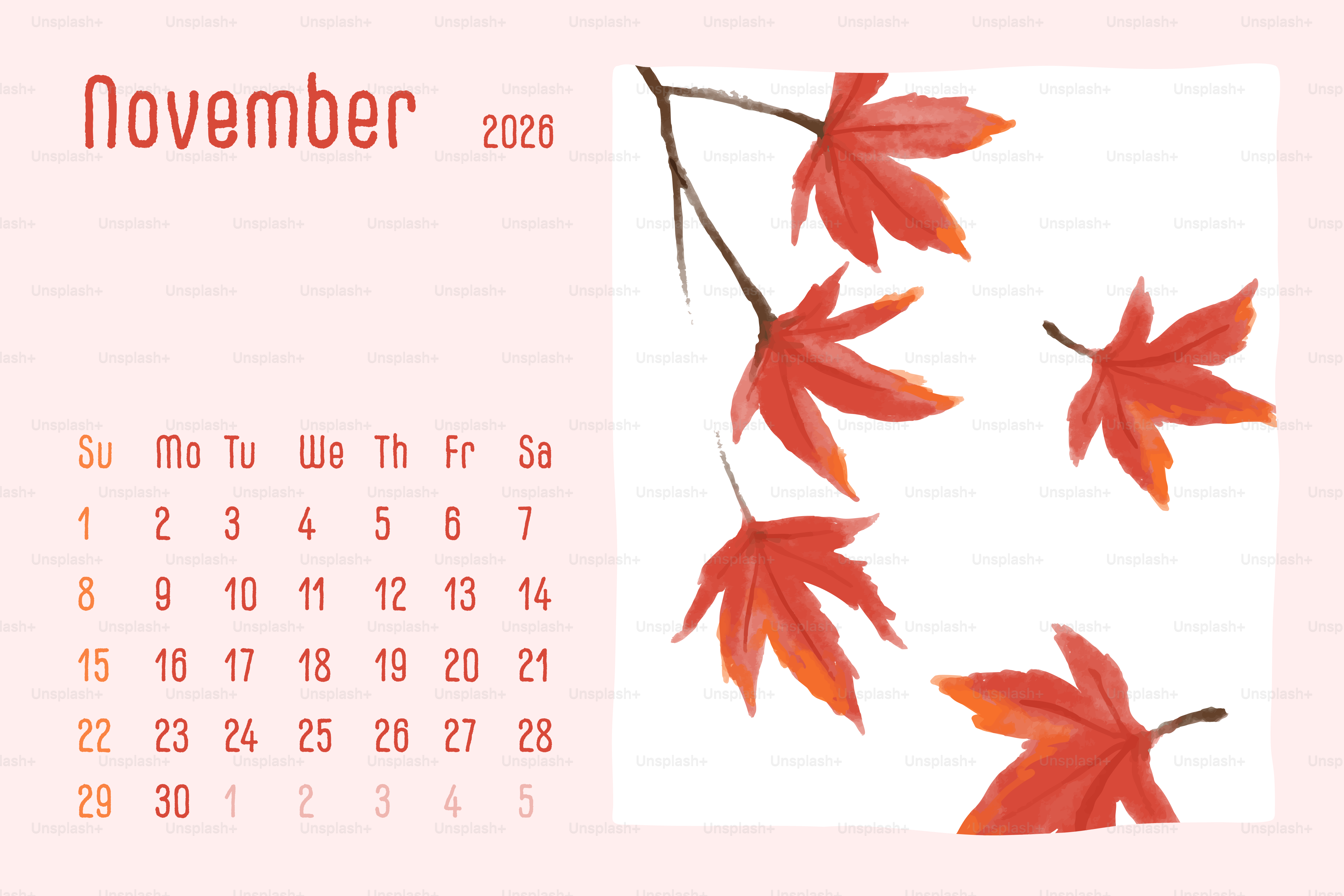 November 2020 calendar with falling autumn leaves