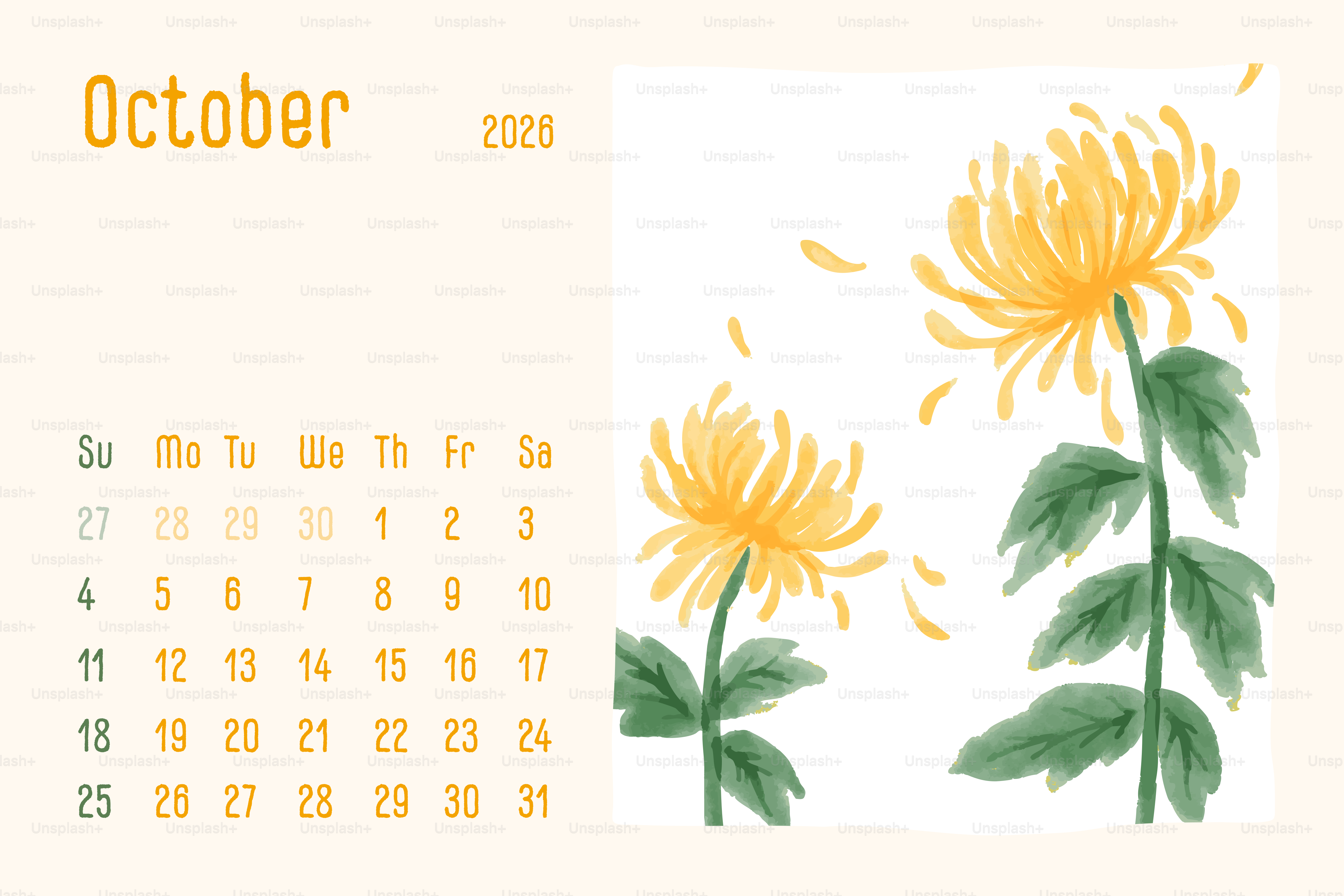 Calendrier d’octobre 2020 avec chrysanthèmes jaunes