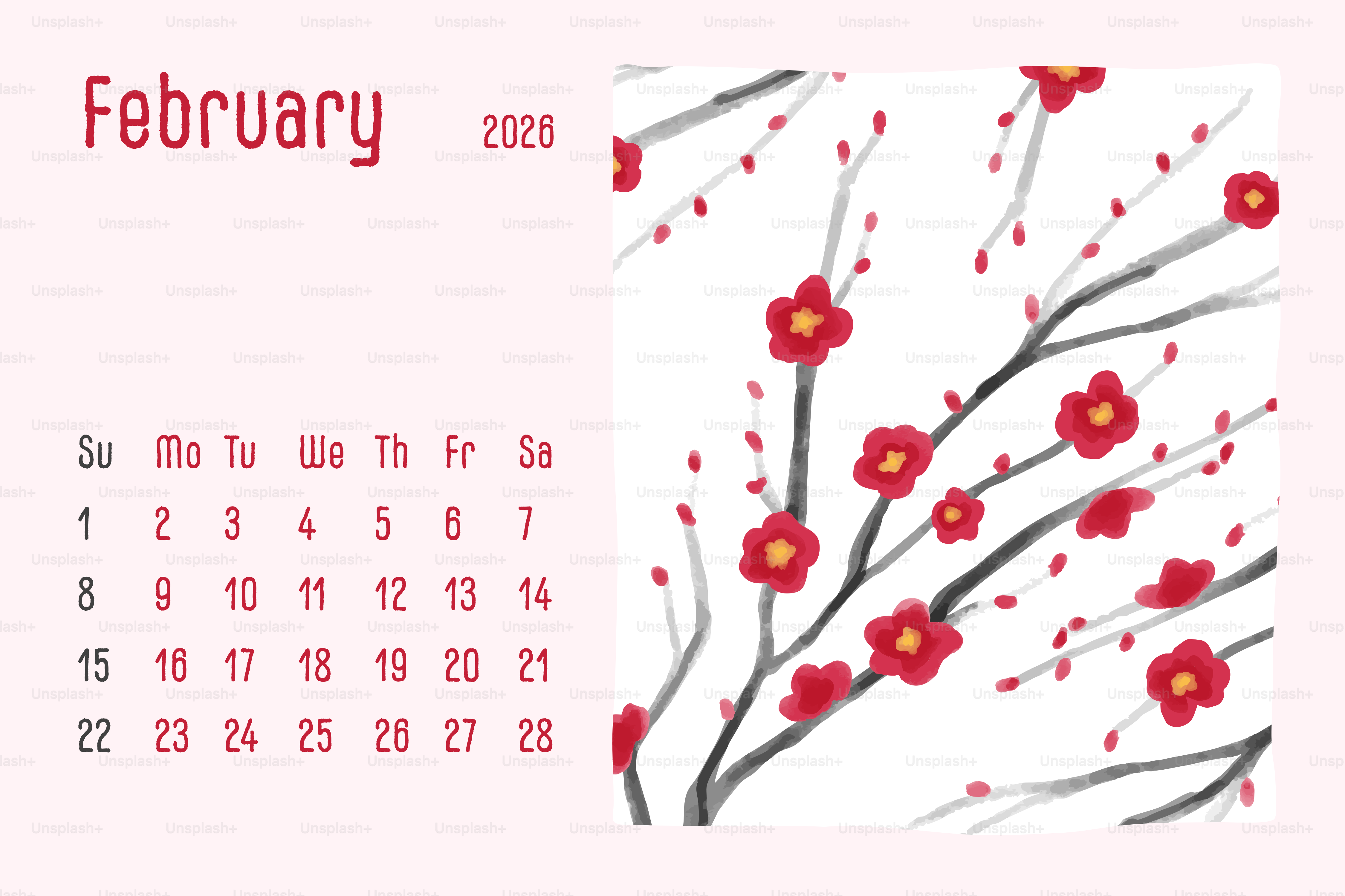 February 2026 calendar with red blossoms