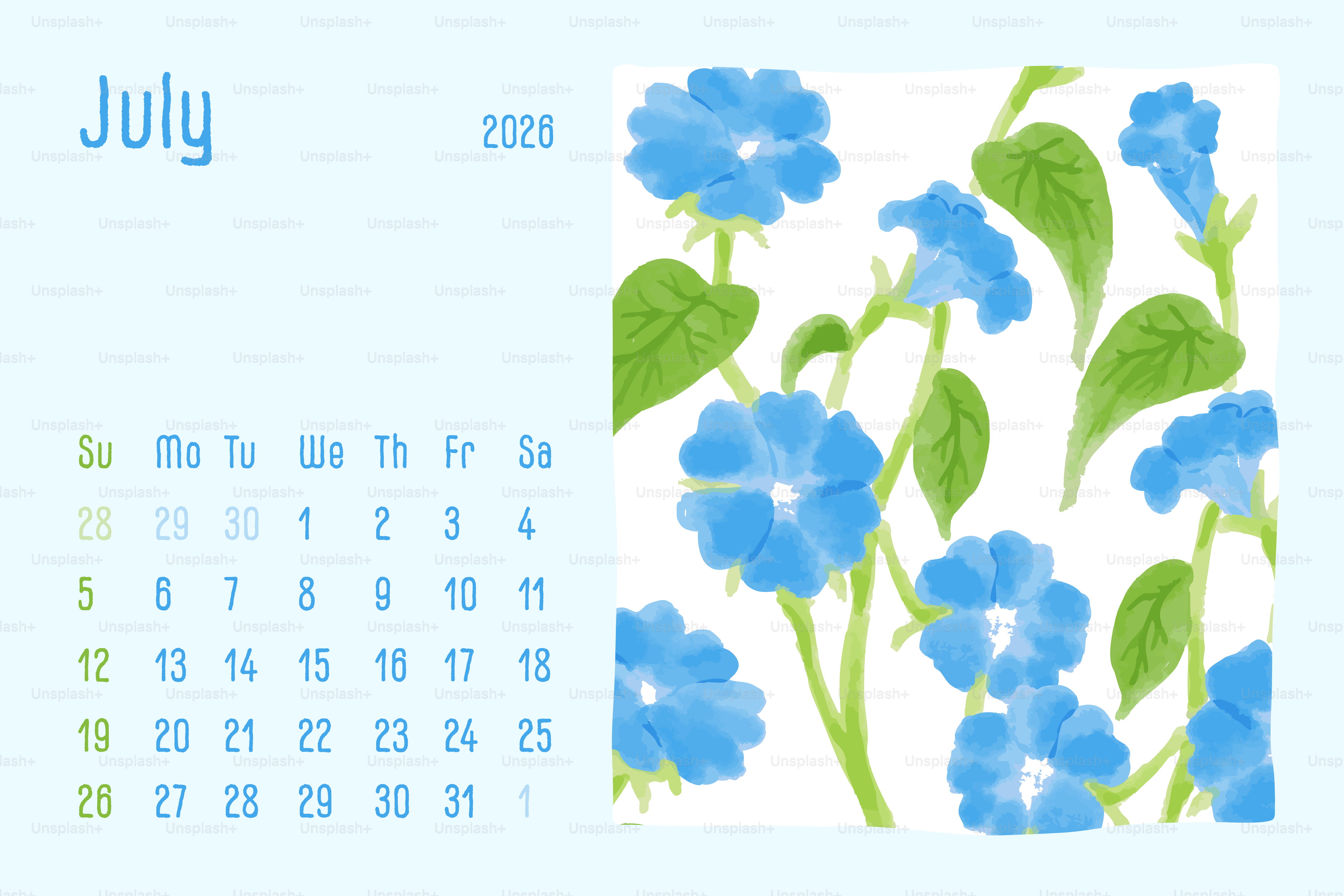 July 2020 calendar with blue morning glories