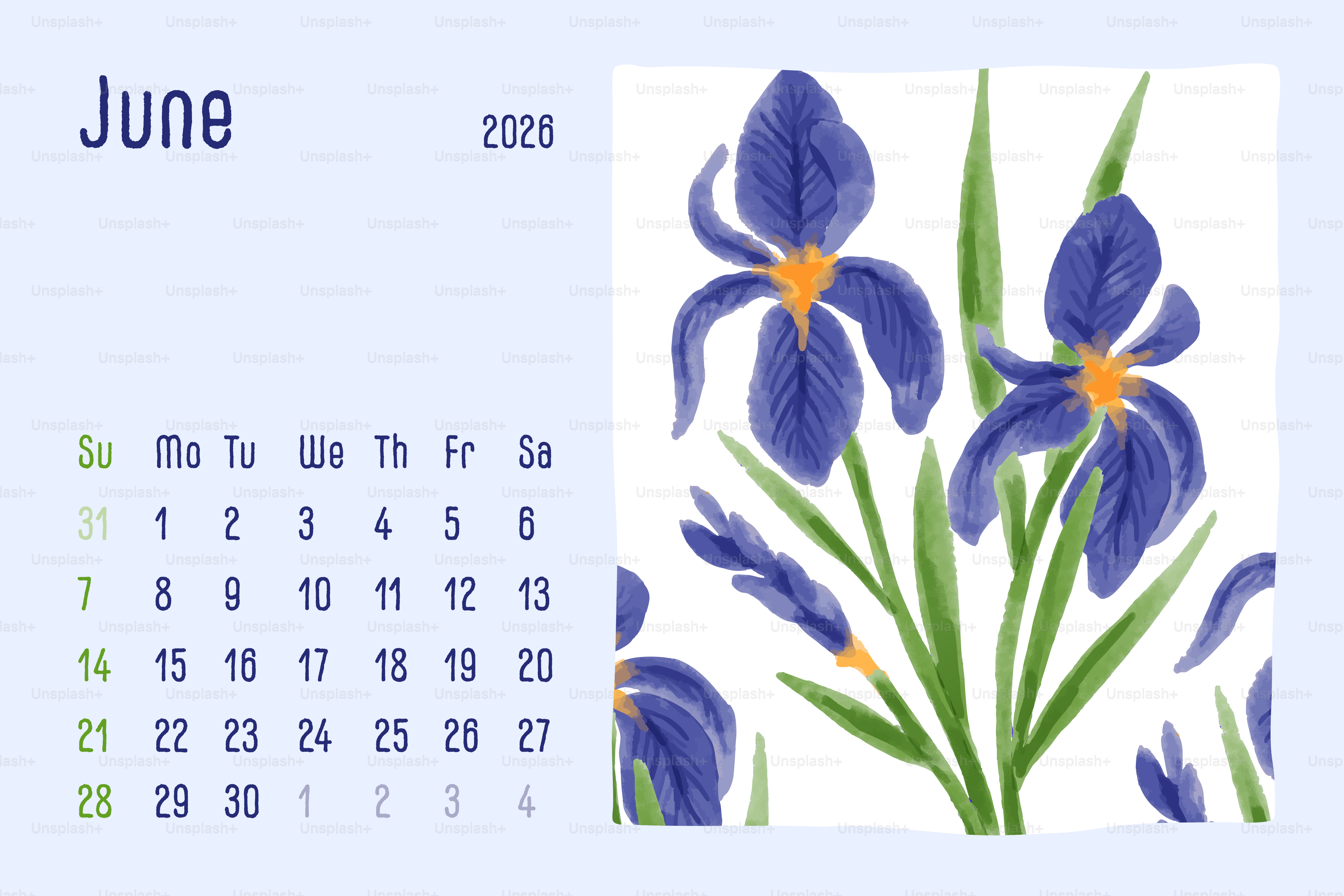 Calendrier de juin 2020 avec iris violets