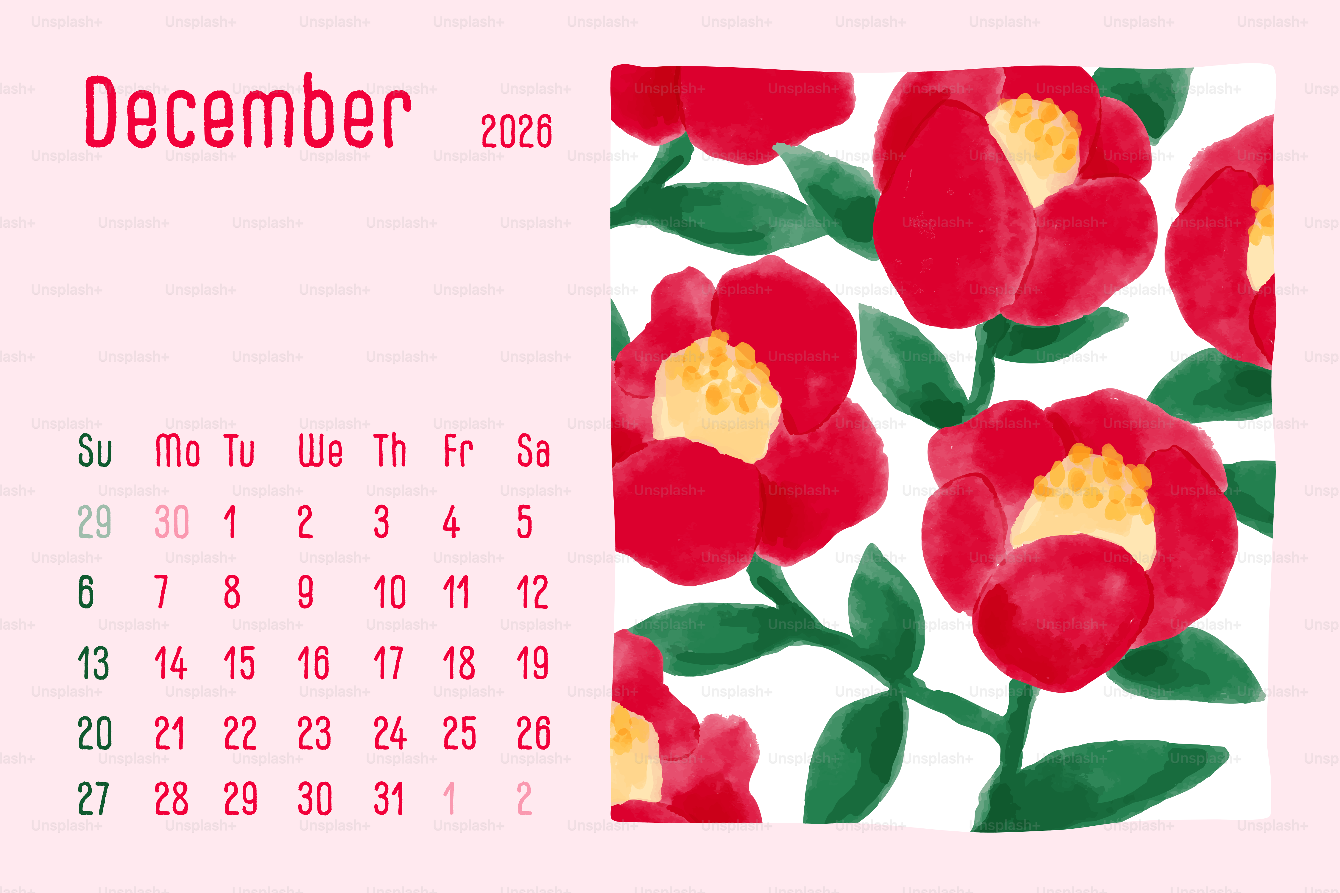December 2020 calendar with red camellia flowers