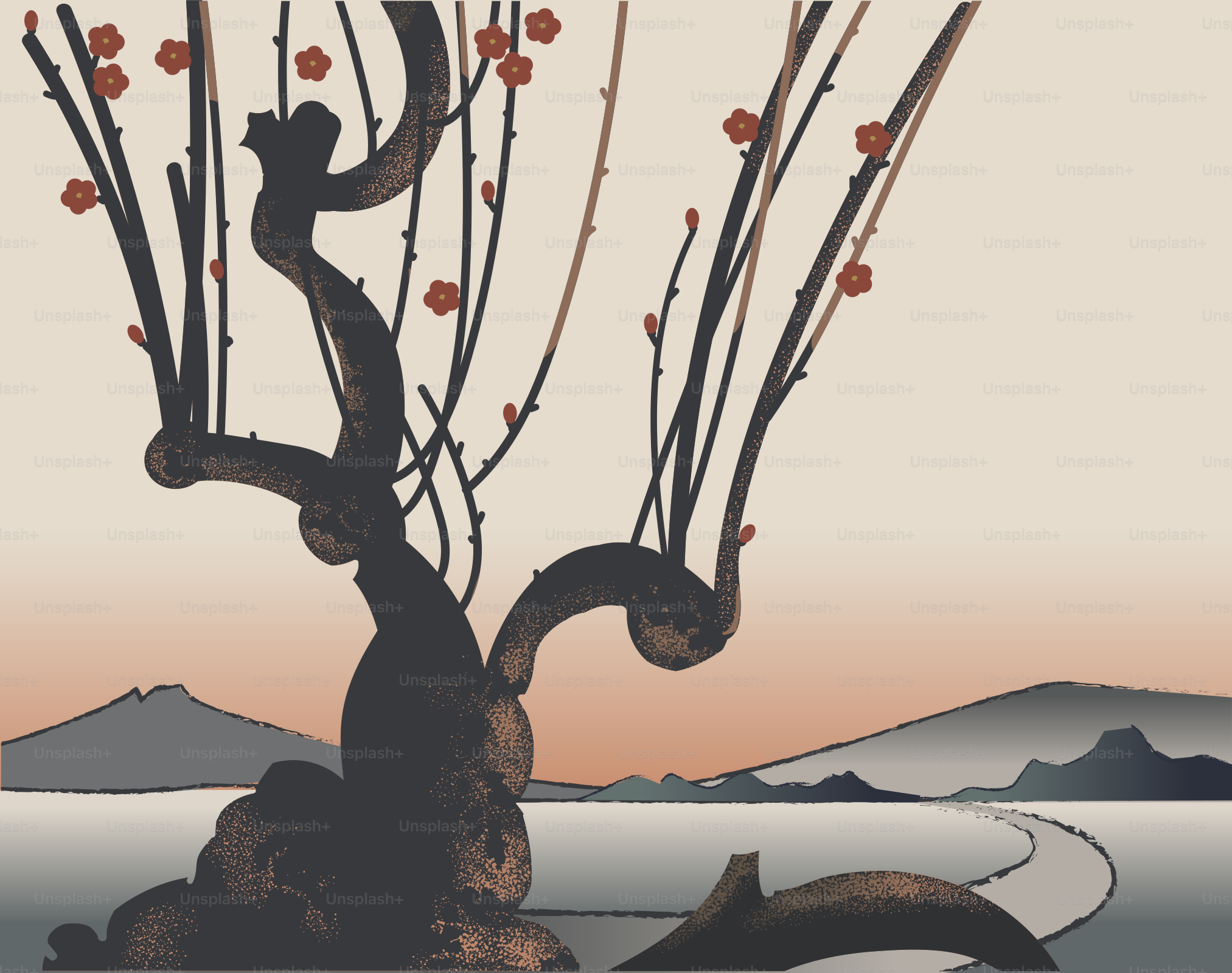 A stylized plum tree with small red blossoms.