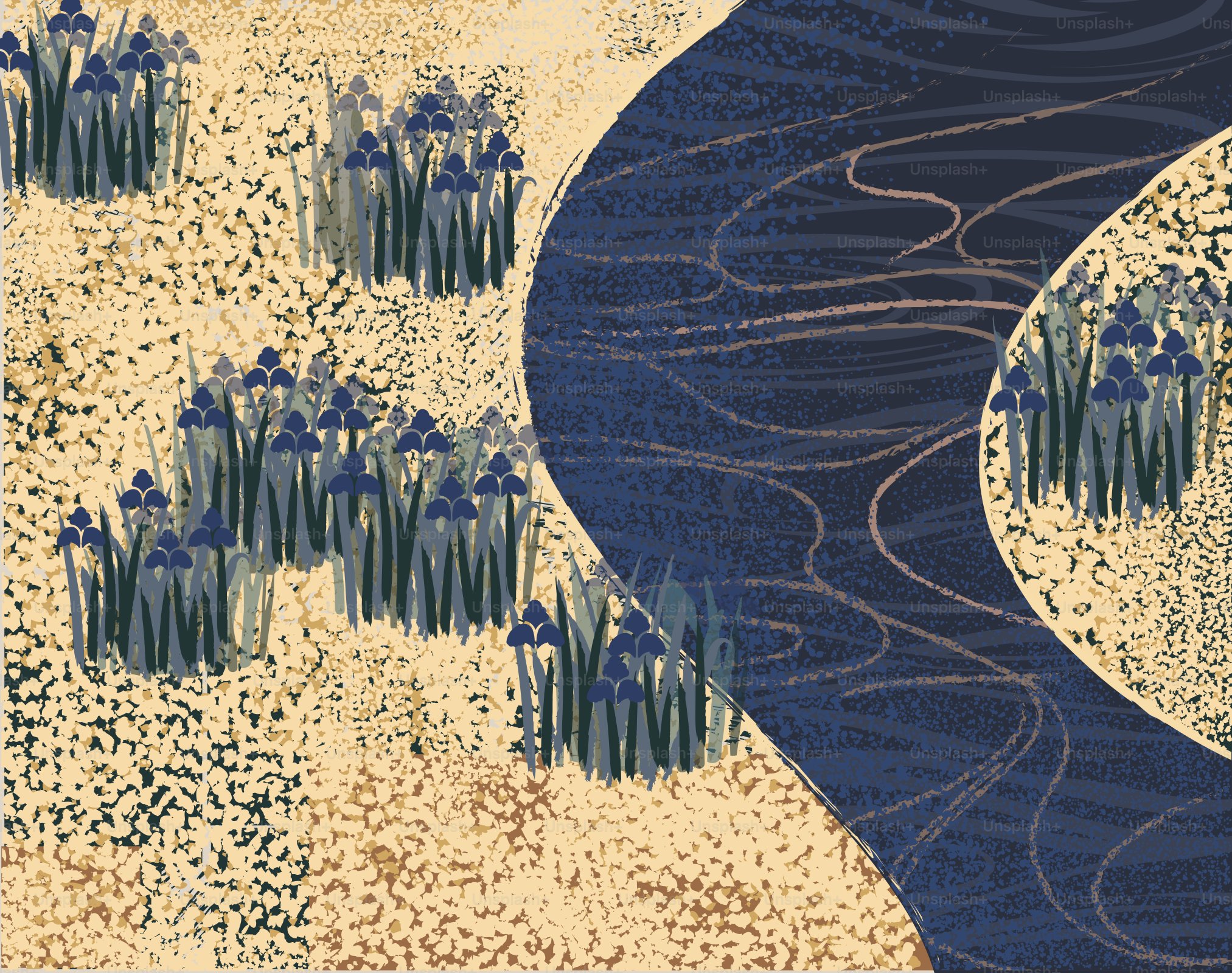 青いアイリスは曲がりくねった川岸に沿って育っています。