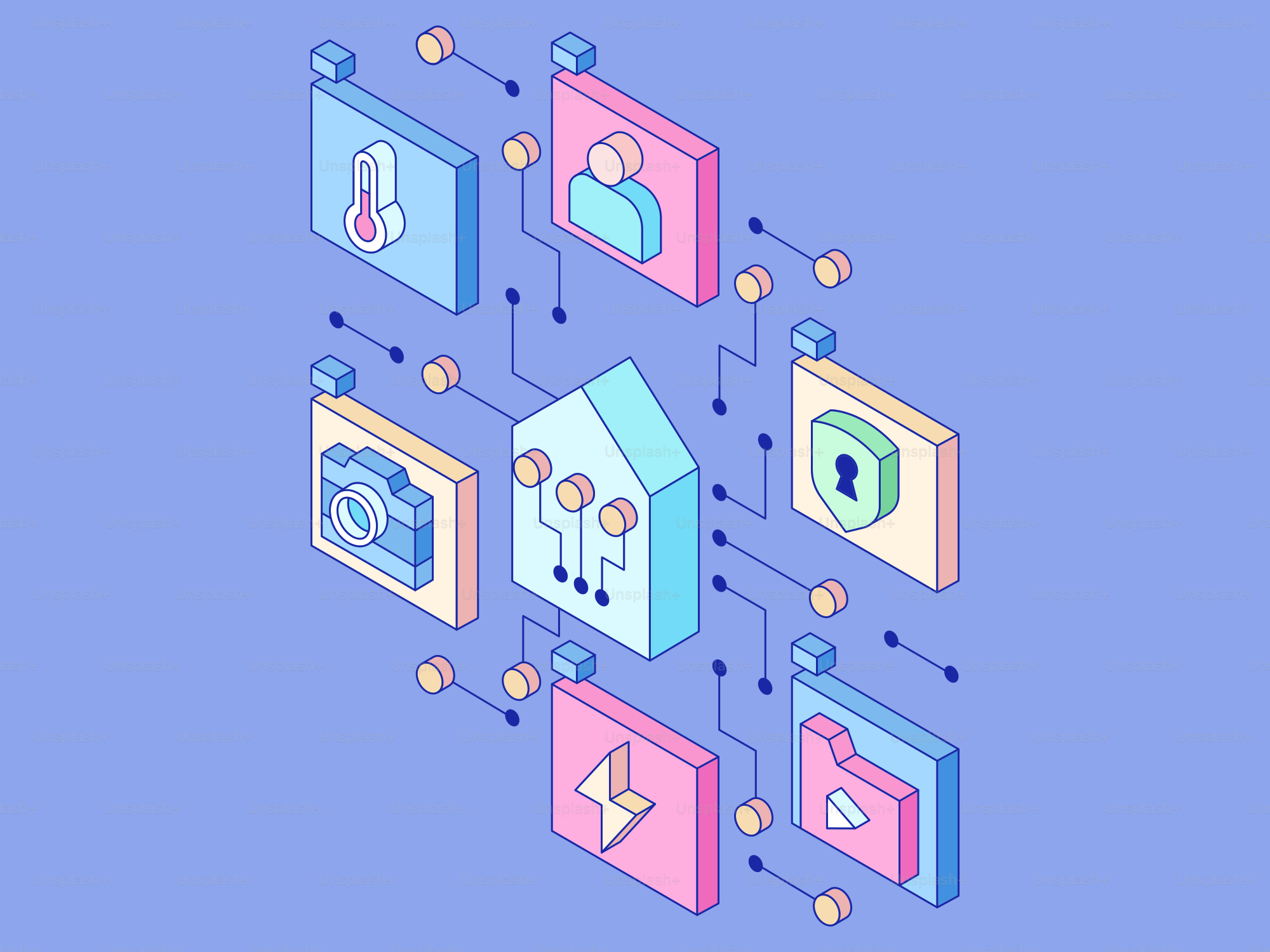 Icônes de la technologie domotique connectées au hub central