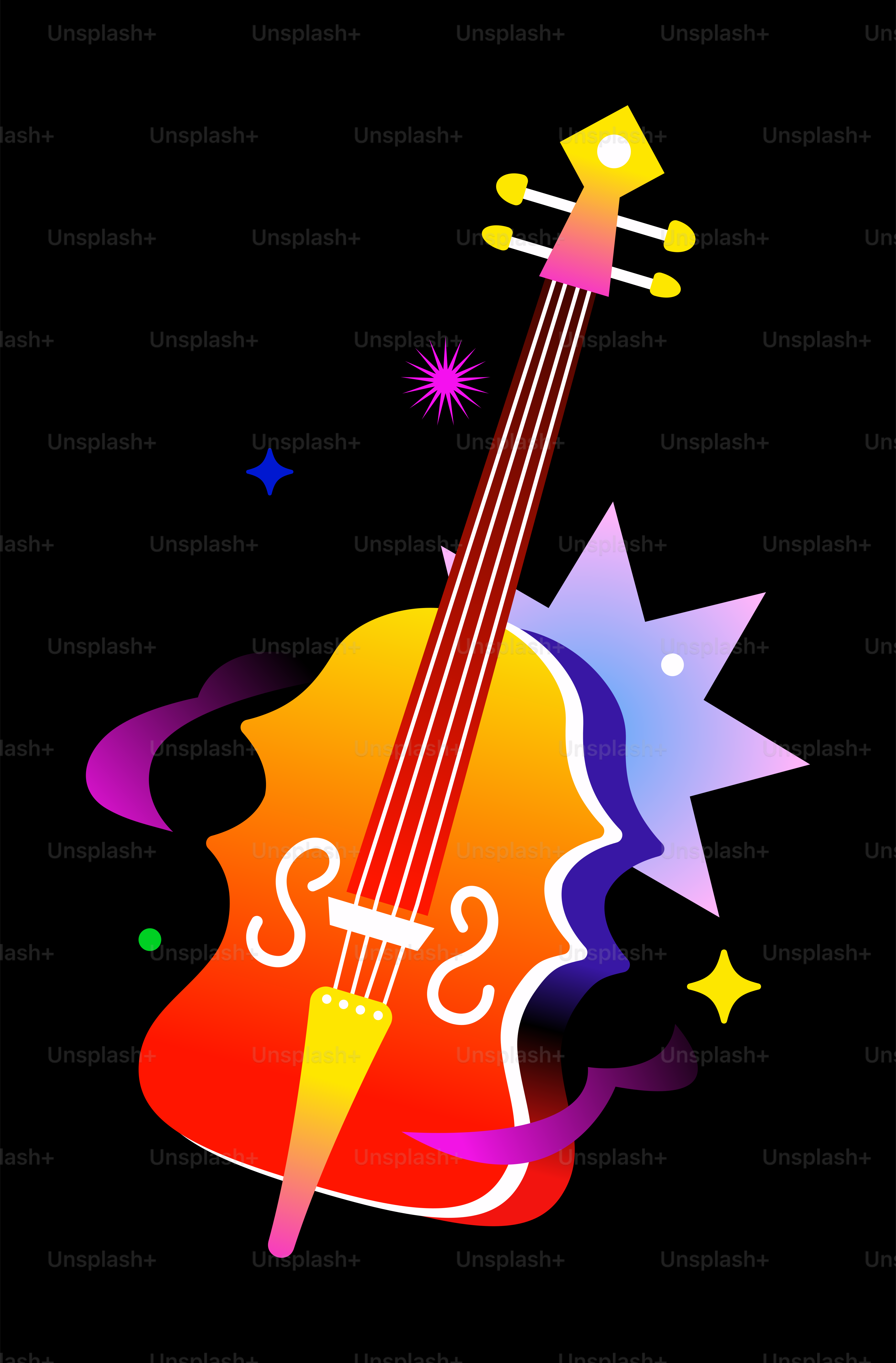 Un violonchelo colorido con formas abstractas y estrellas.