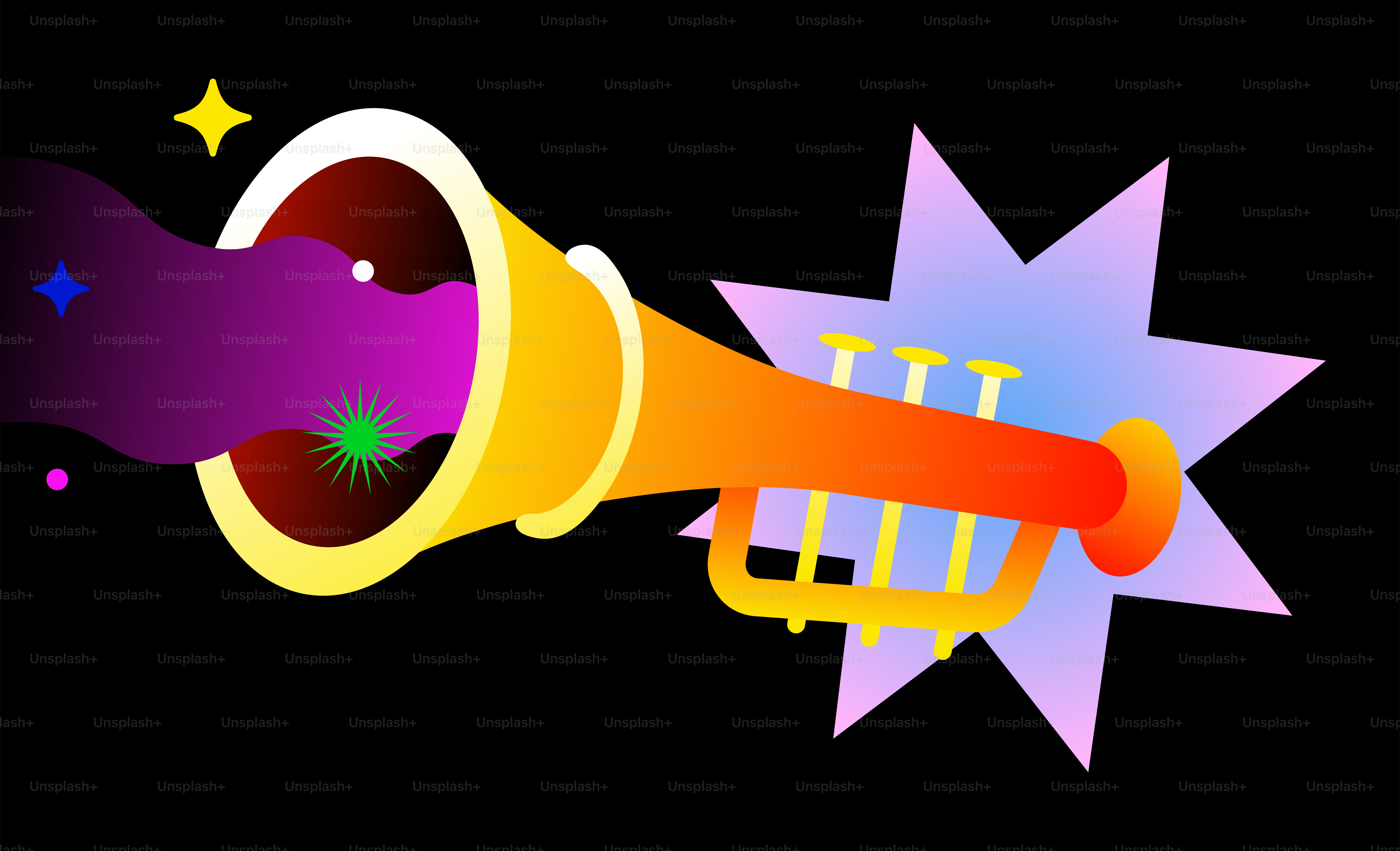 A stylized trumpet with colorful abstract shapes emerging