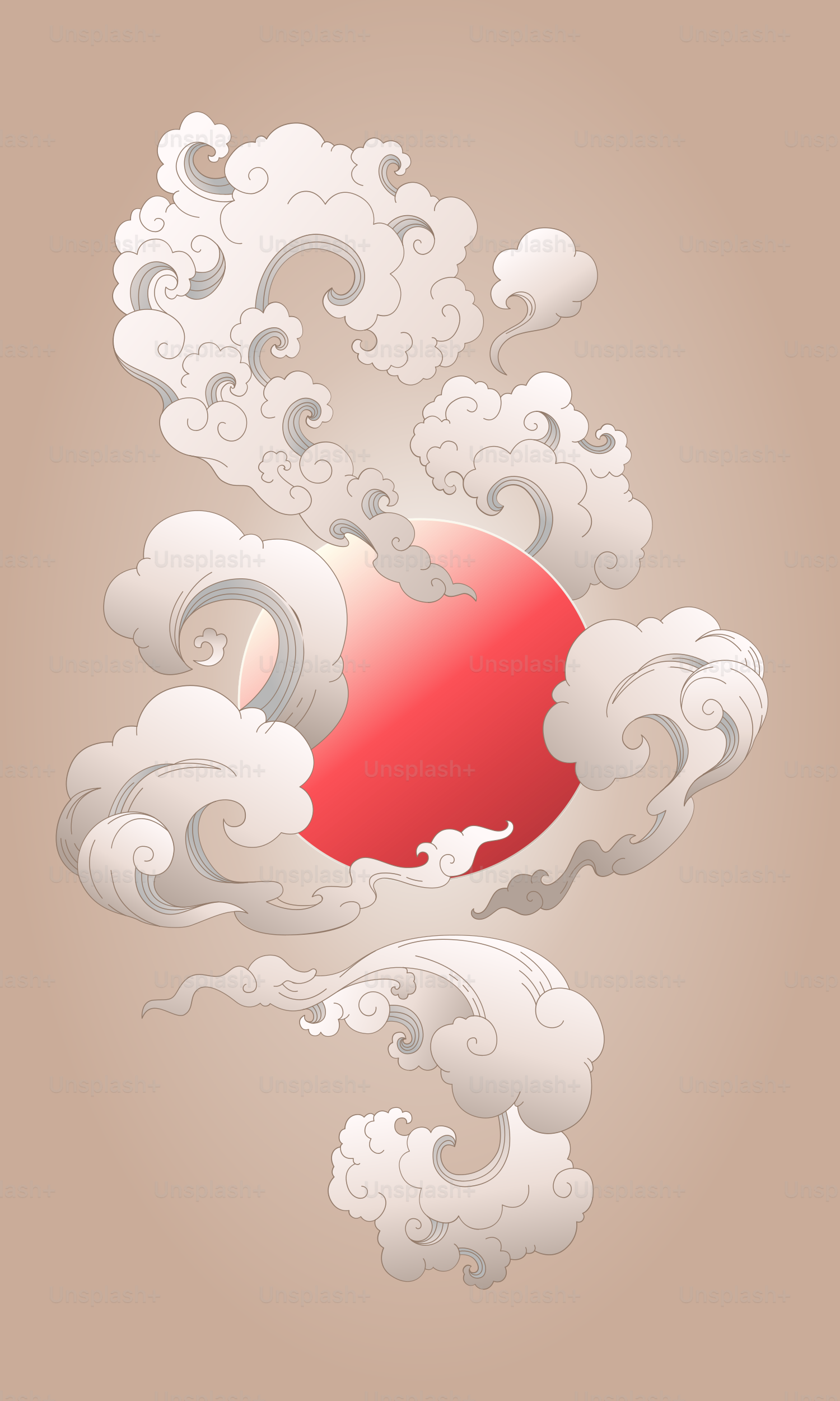 Red sun and stylized clouds against beige background