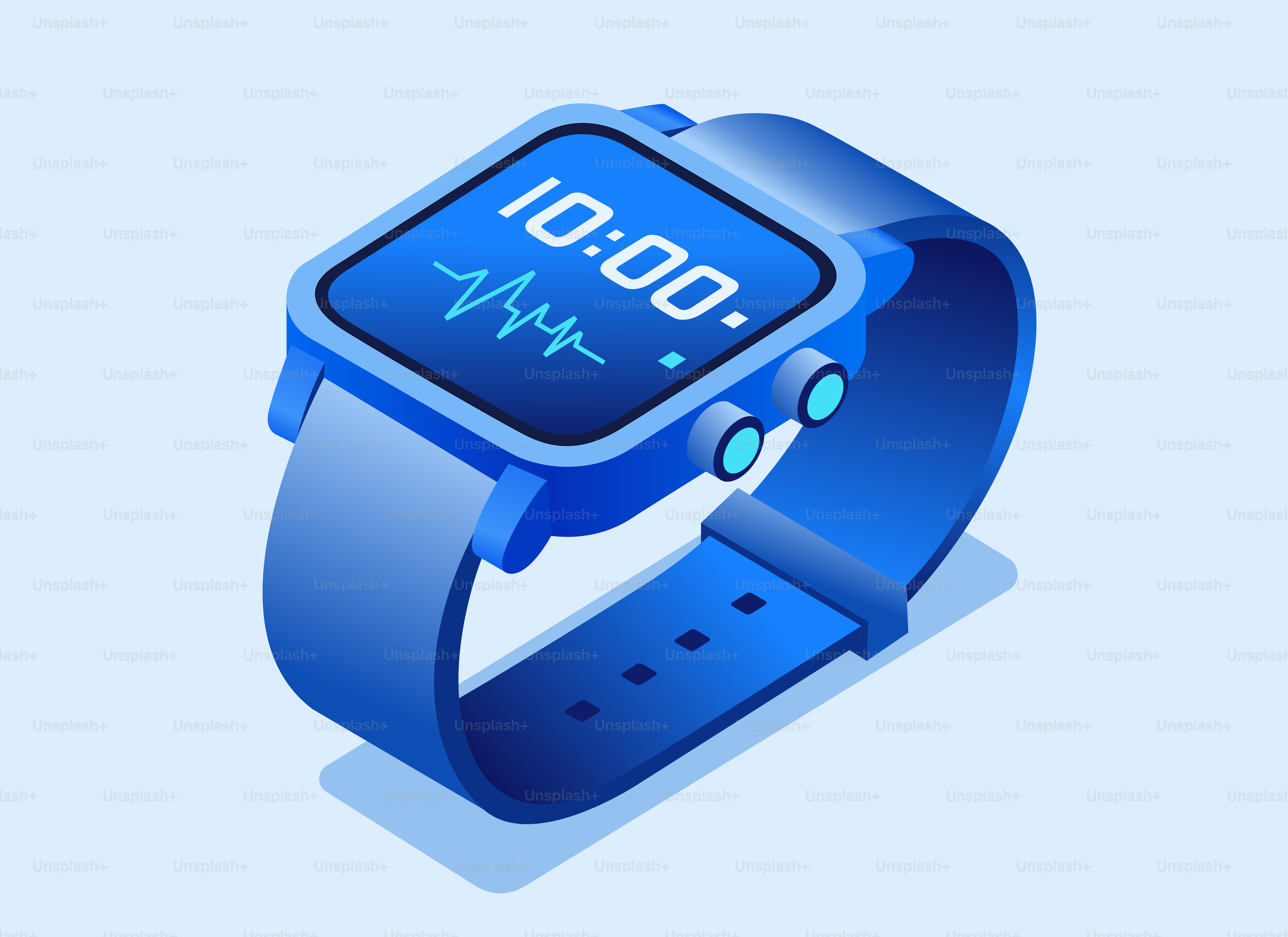 Eine blaue Smartwatch zeigt Zeit und Herzfrequenz an.