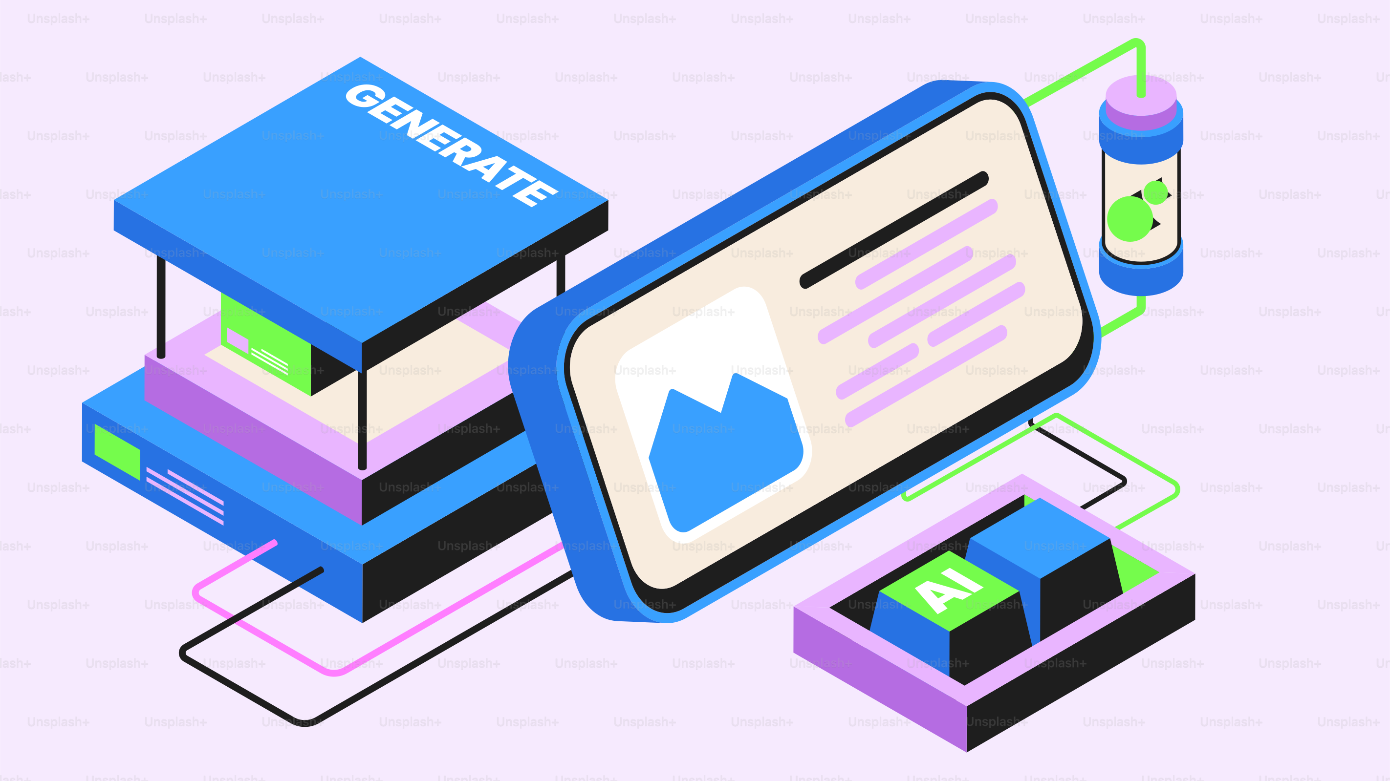Abstract ai generation concept with phone and machine.