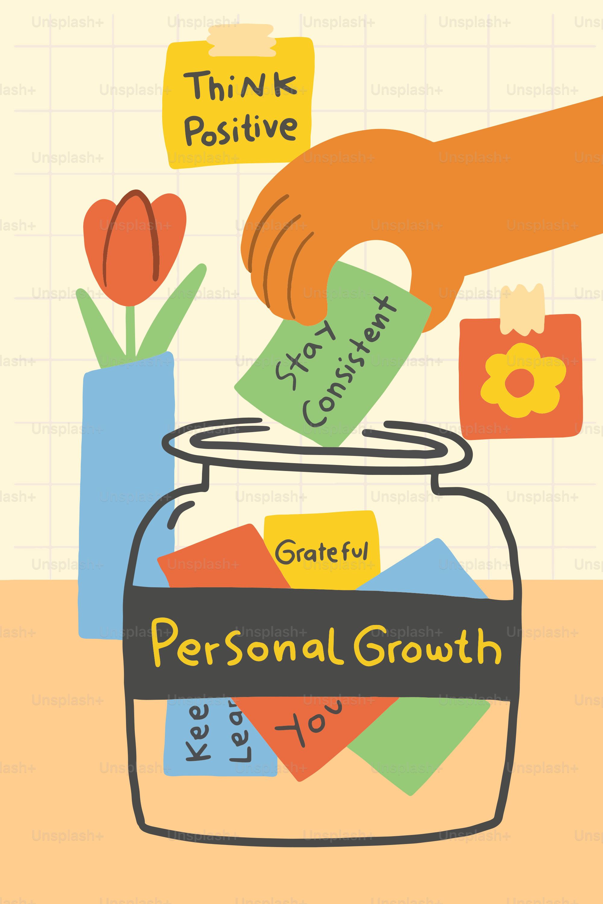 個人成長のジャーに「継続を守れ」というメモを手で添える