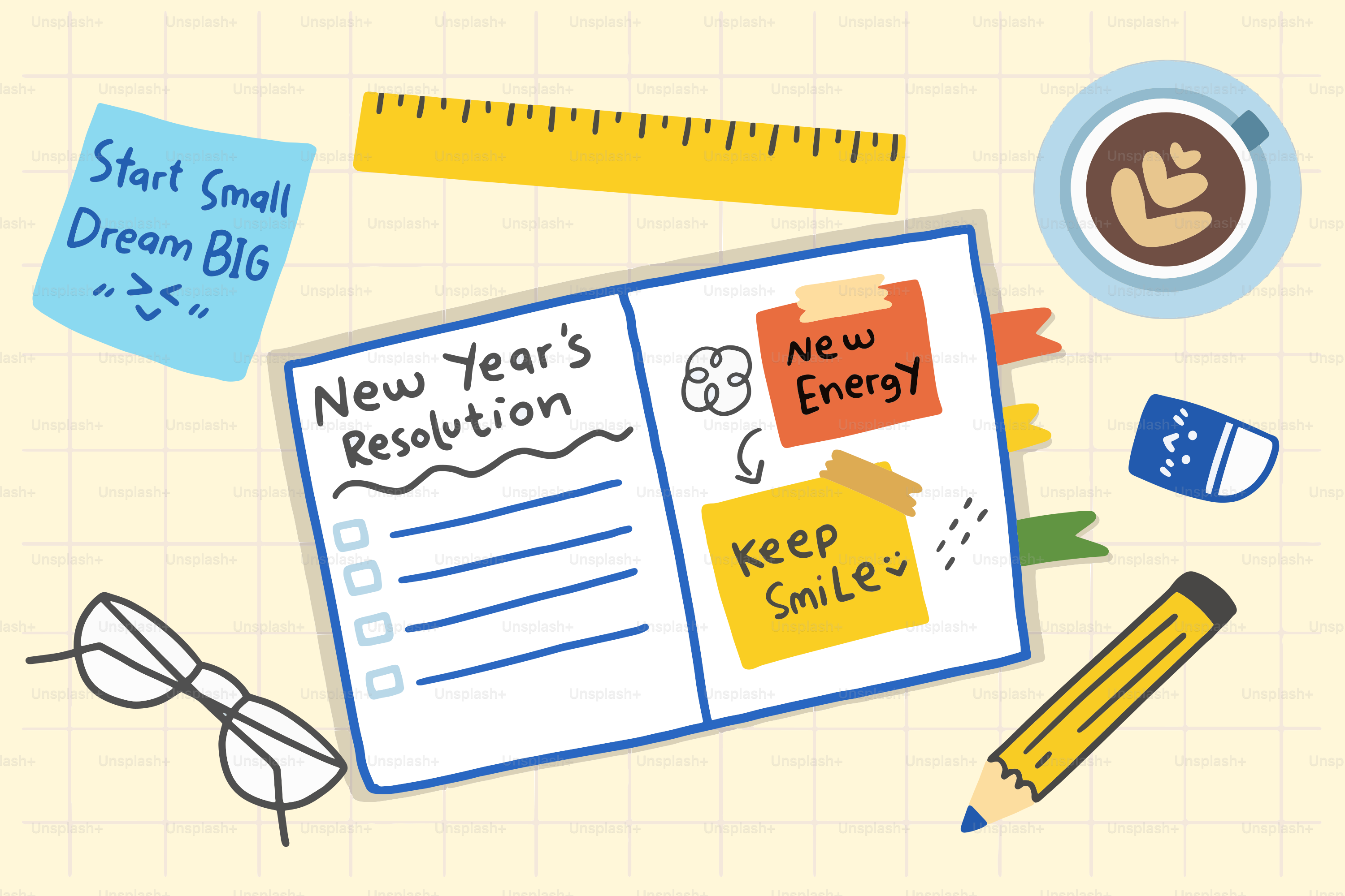 Lista de resoluções de ano novo com post-its e café.