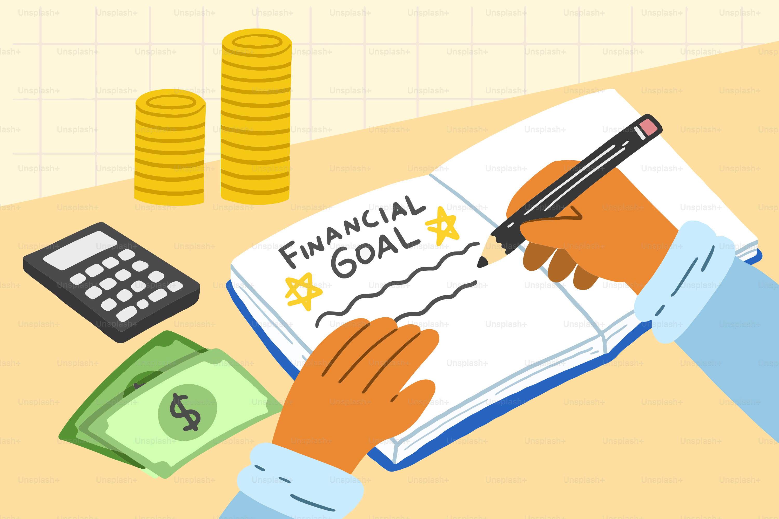 Mãos escrevendo metas financeiras em caderno com calculadora e dinheiro.