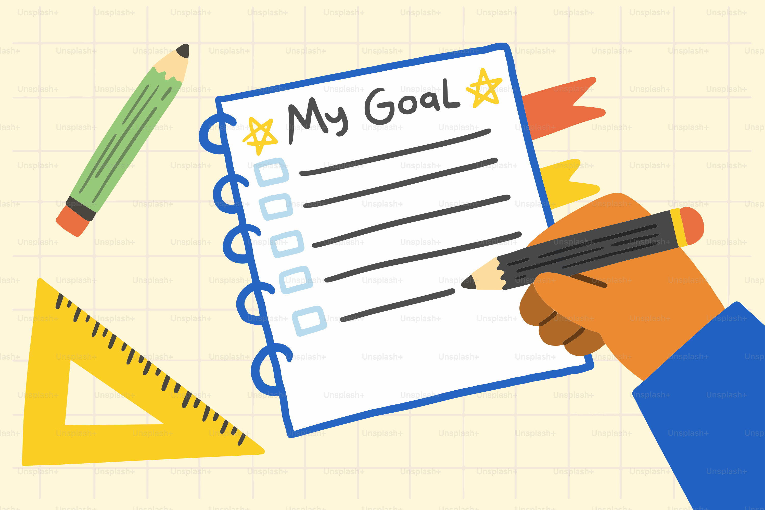 鉛筆と定規を使ってノートに目標を手書きで書く