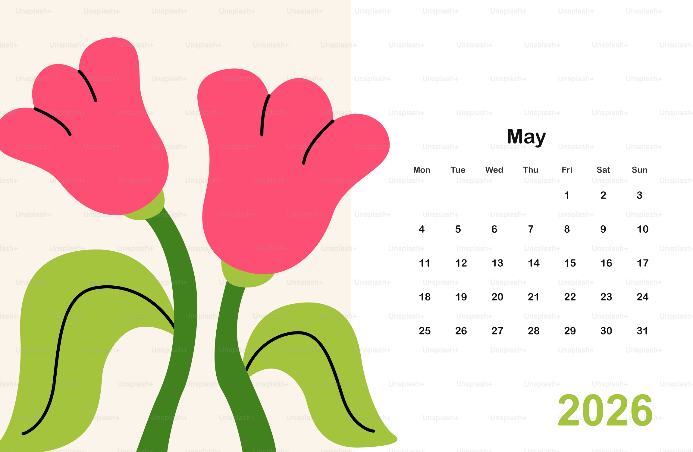 May 2026 calendar with pink tulips and green leaves. vector ...
